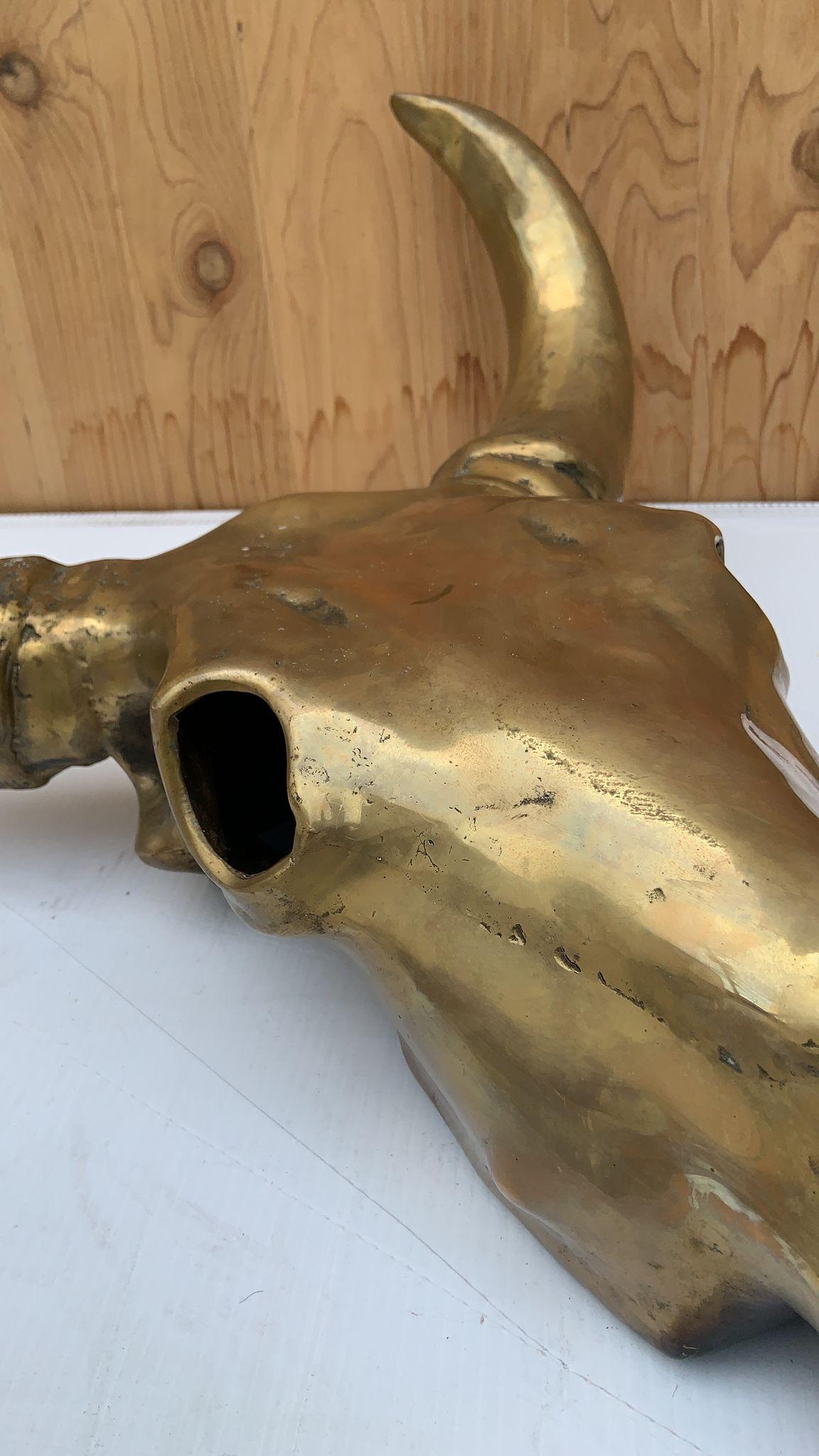 Vintage Modern Brass Cow Skull Wall Mounted Sculpture In Good Condition For Sale In Chicago, IL
