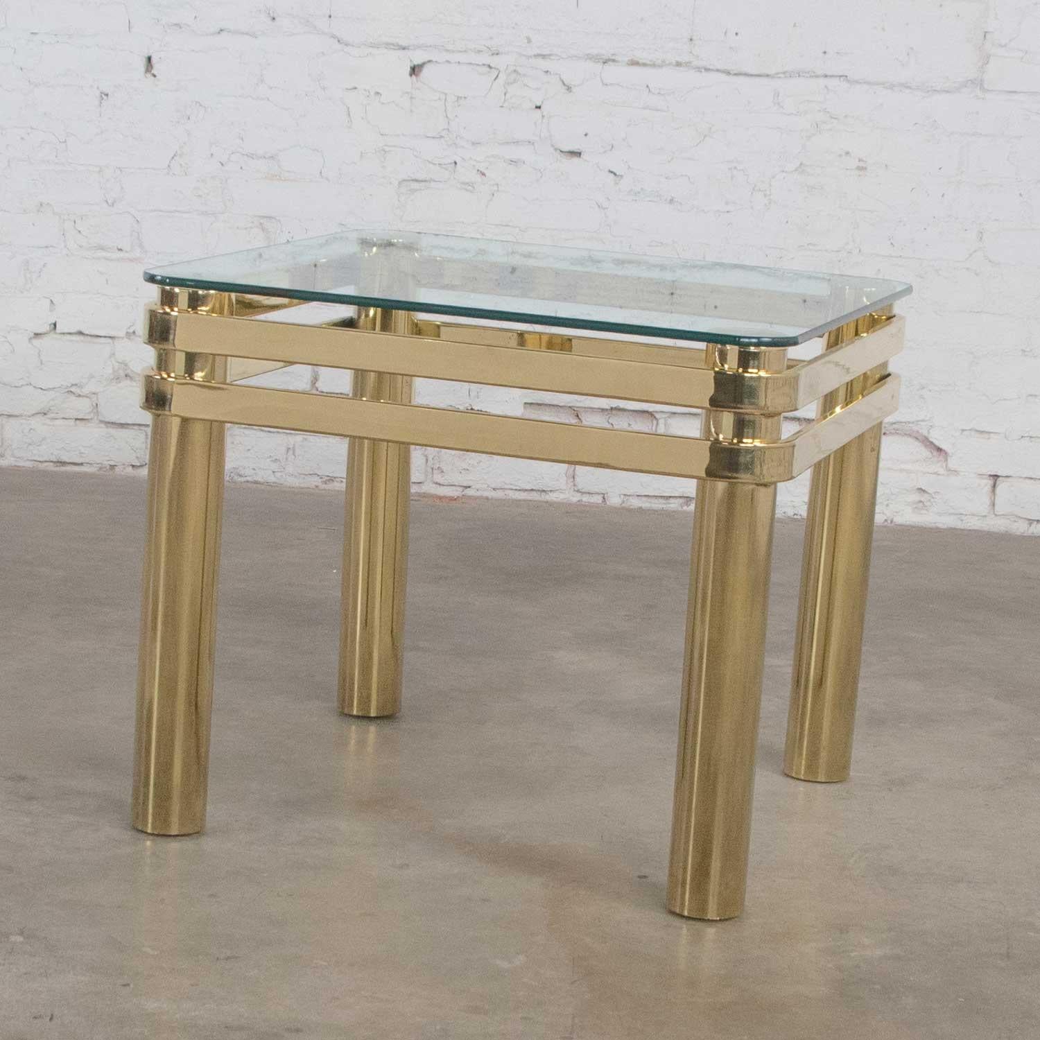 glass and brass end tables