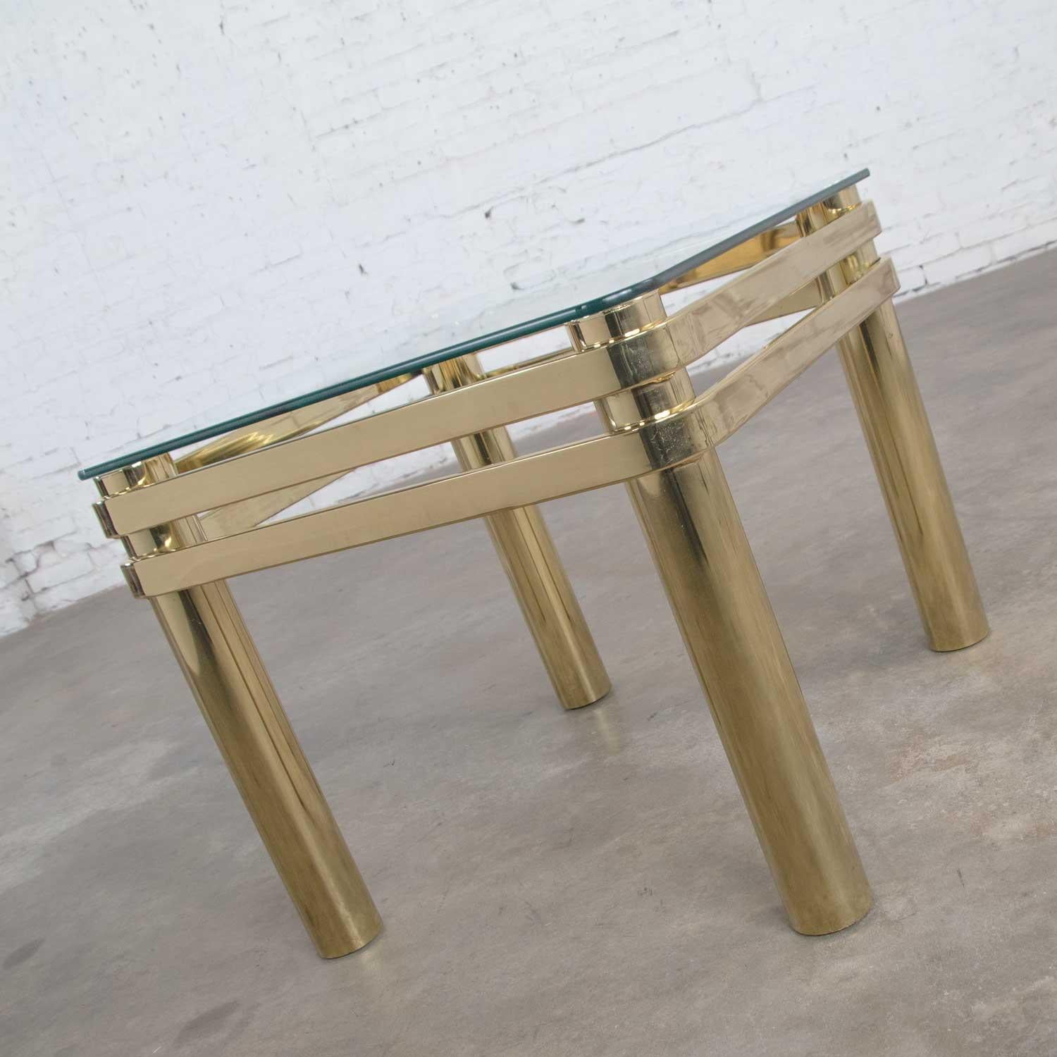 Plated Vintage Modern Brass & Glass Side End Table w/ Glass Top Style Pace or Springer For Sale