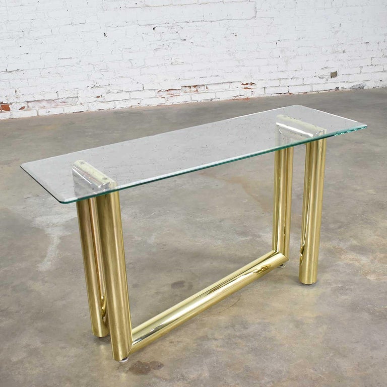Vintage Modern Brass Plate Console Sofa Table Glass Top 1970 For Sale At 1stdibs