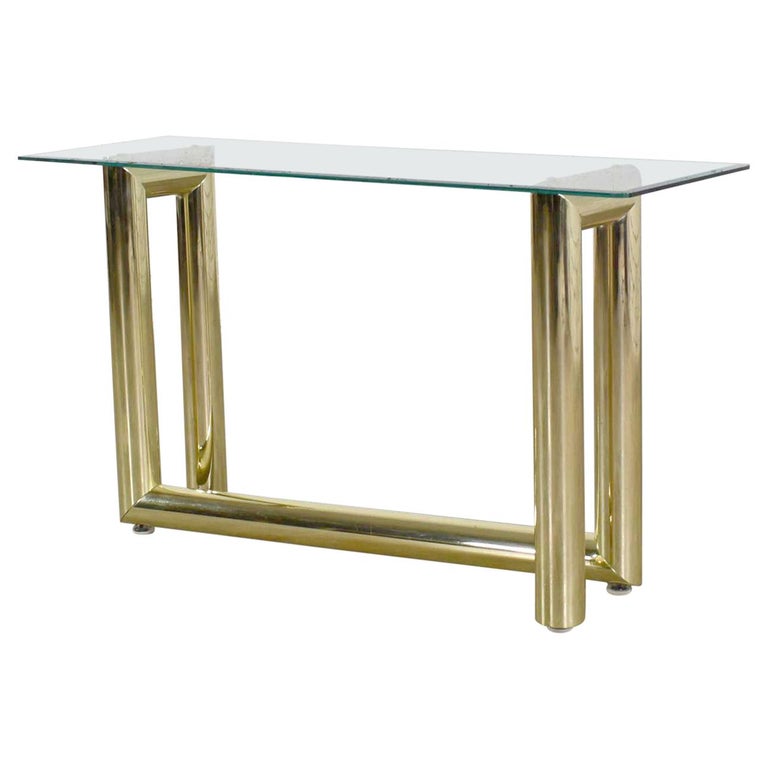 Vintage Modern Brass Plate Console Sofa Table Glass Top 1970 For