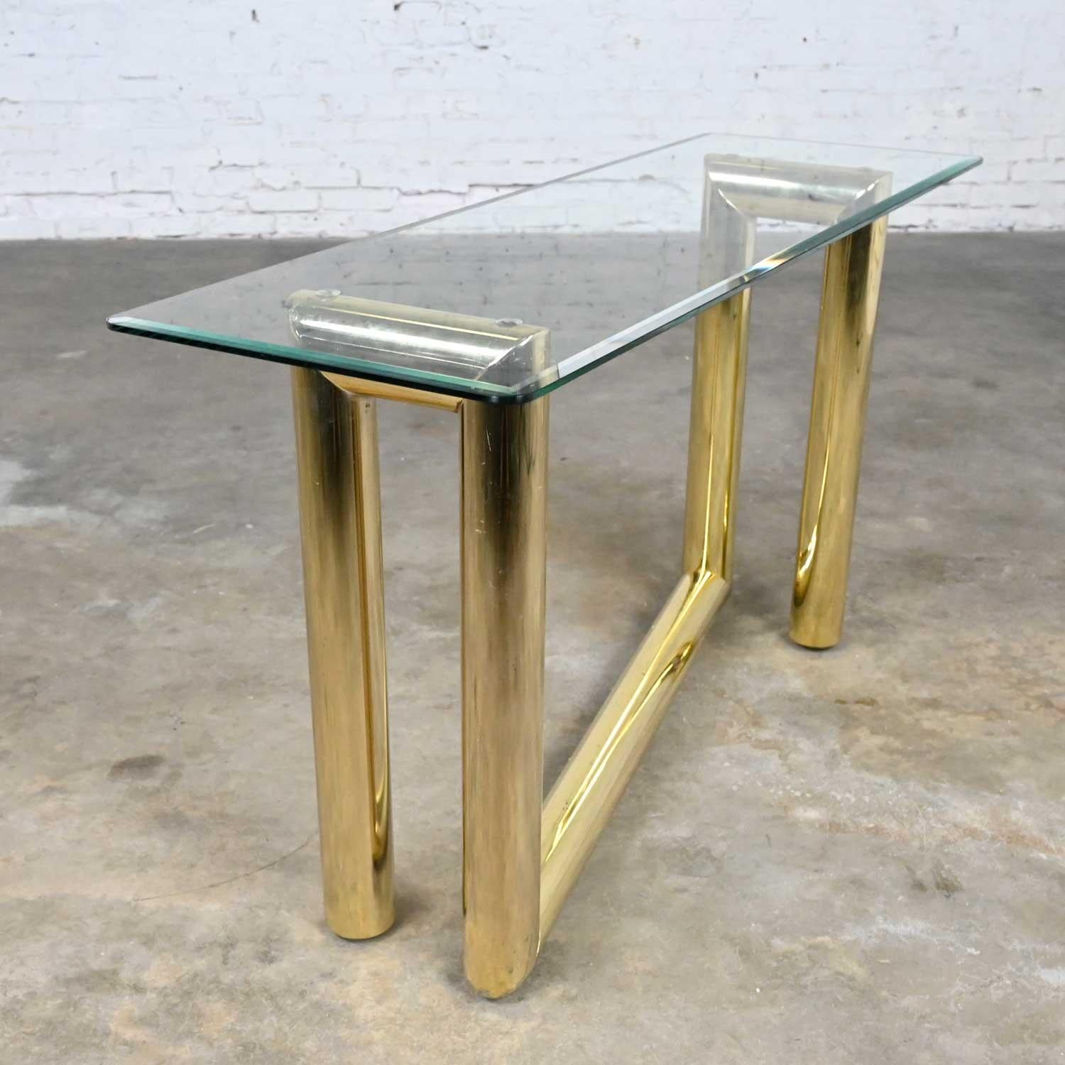Vintage Modern Brass Plated Console Sofa Table Glass Top Style Karl Springer 1
