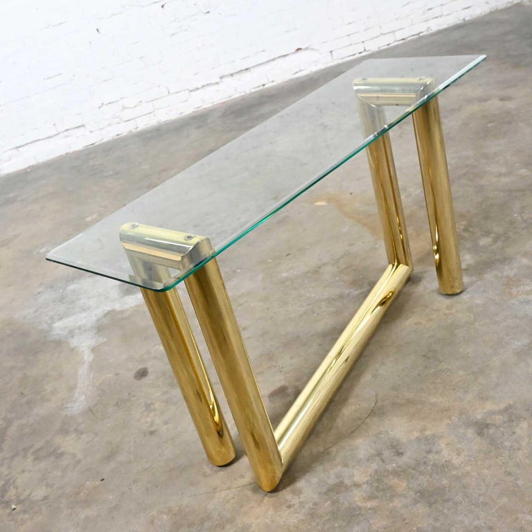 Vintage Modern Brass Plated Console Sofa Table Glass Top Style of Karl Springer For Sale 4