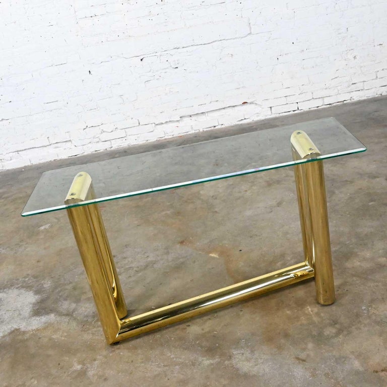 American Vintage Modern Brass Plated Console Sofa Table Glass Top Style of Karl Springer For Sale