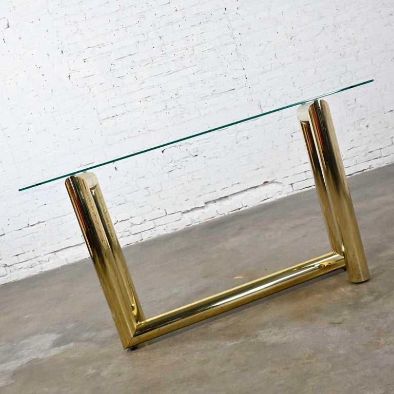 20th Century Vintage Modern Brass Plated Console Sofa Table Glass Top Style of Karl Springer For Sale