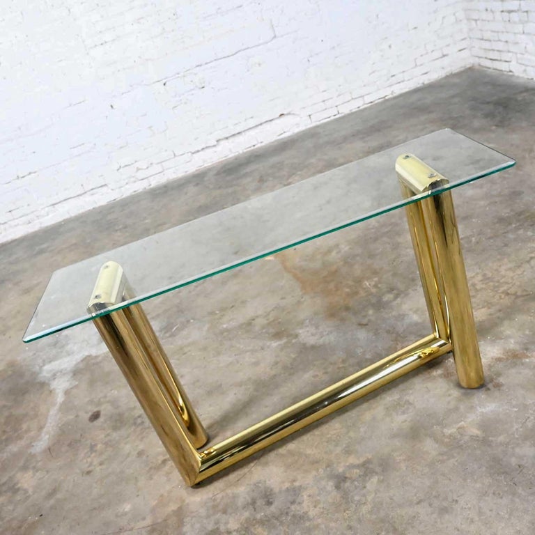 Metal Vintage Modern Brass Plated Console Sofa Table Glass Top Style of Karl Springer For Sale