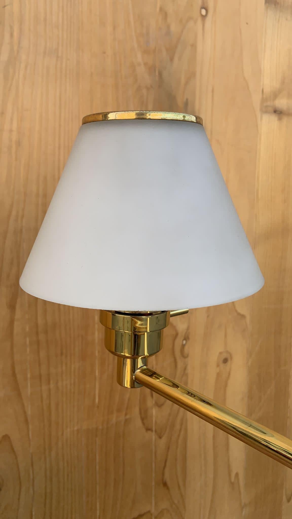 American Vintage Modern Brass Swing Arm Reading Table Lamp with Glass Shades - Pair  For Sale