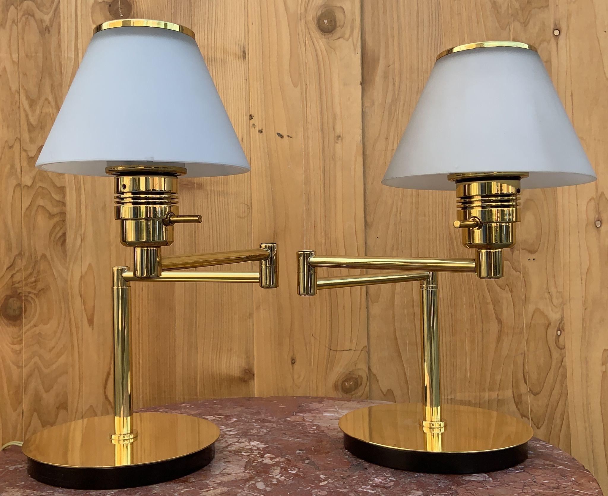 Hand-Crafted Vintage Modern Brass Swing Arm Reading Table Lamp with Glass Shades - Pair  For Sale
