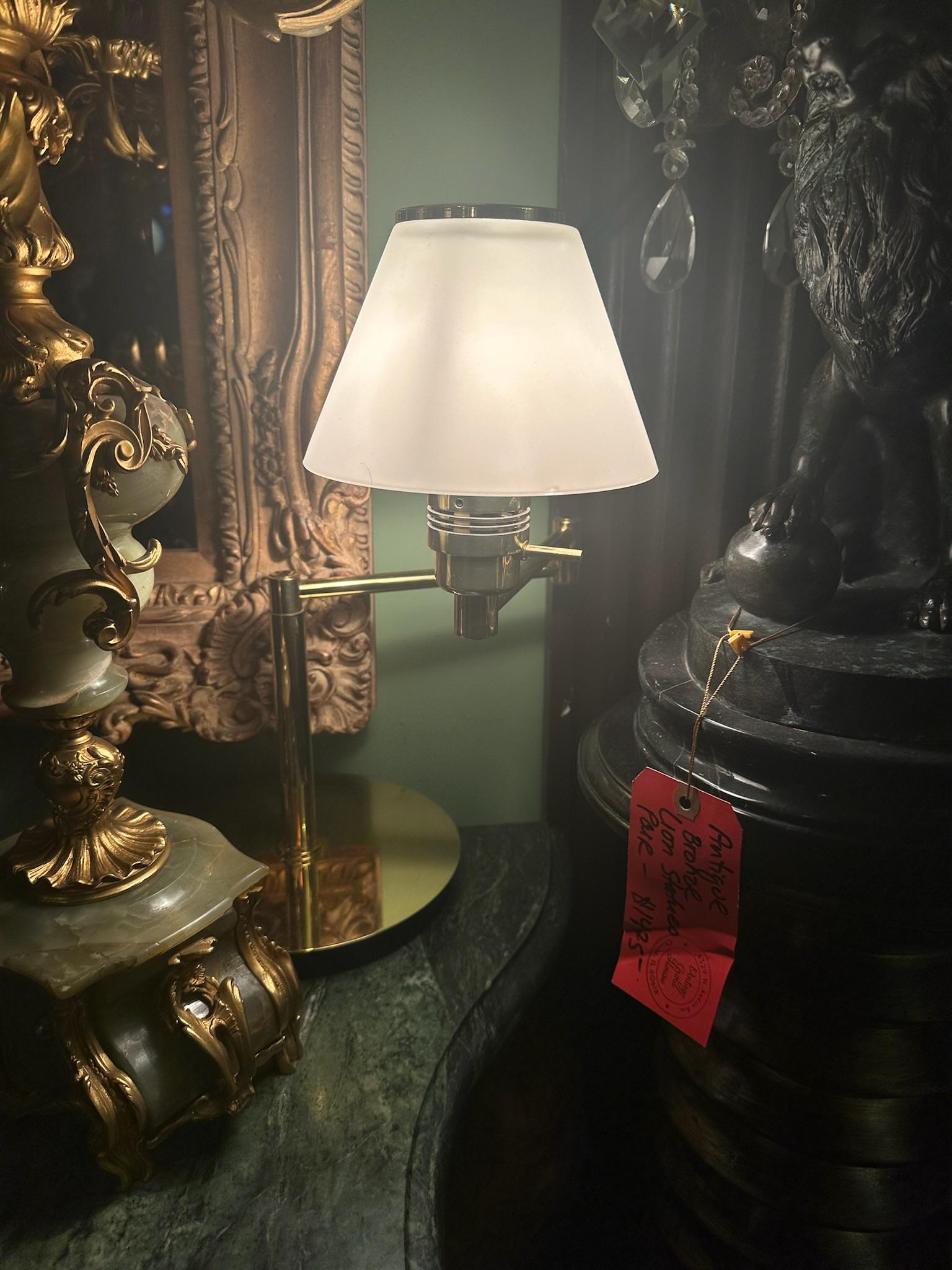 Vintage Modern Brass Swing Arm Reading Table Lamp with Glass Shades - Pair  In Good Condition For Sale In Chicago, IL