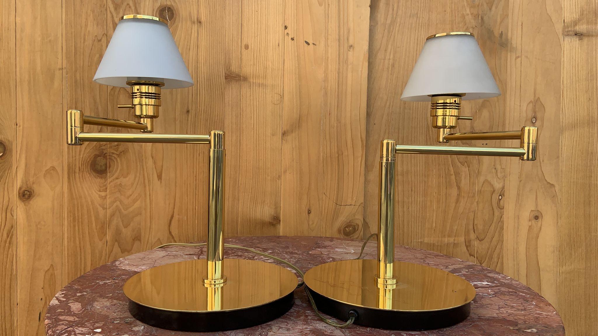 Vintage Modern Brass Swing Arm Reading Table Lamp with Glass Shades - Pair  For Sale 1