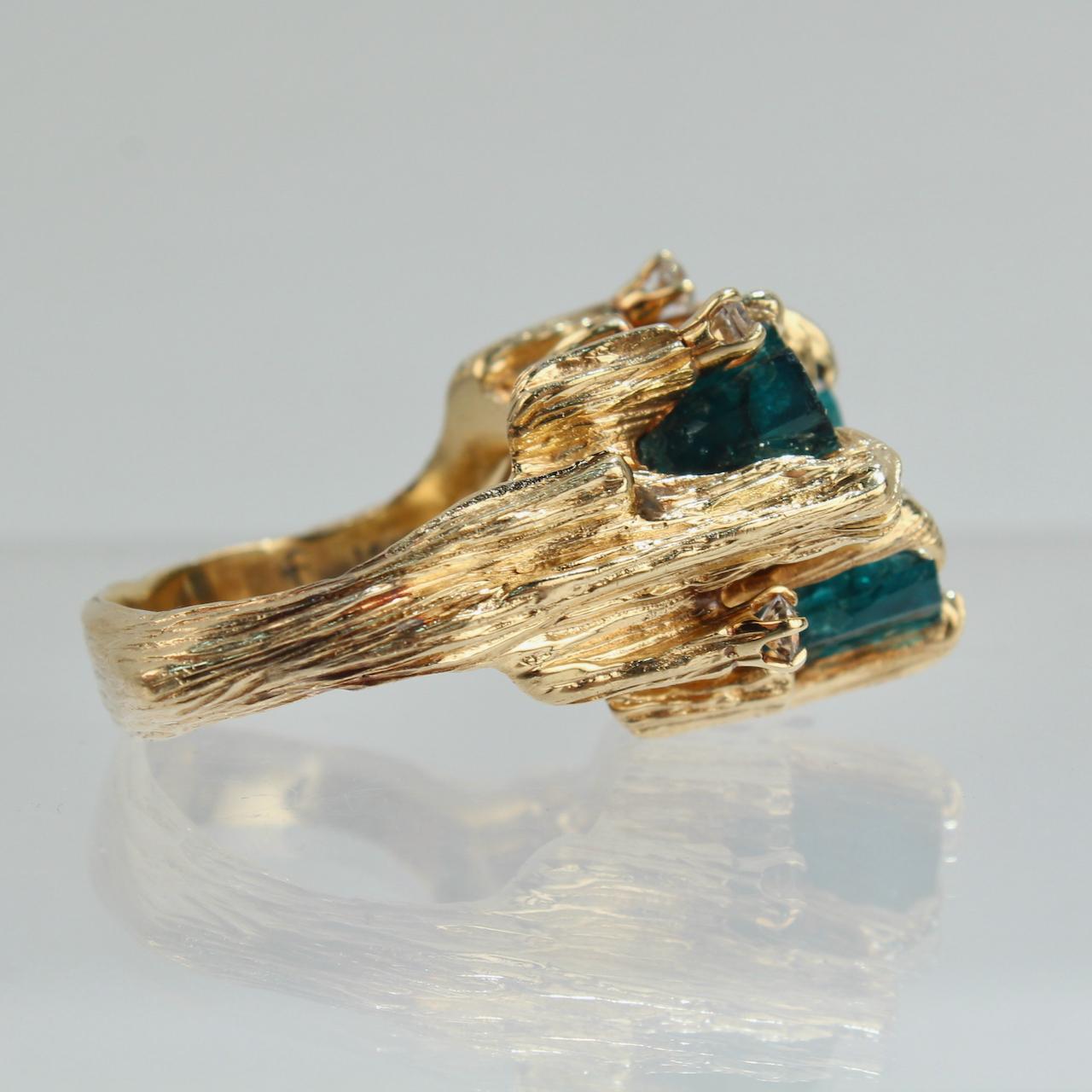 Vintage Modern Brutalist Chatham Emerald, Diamond & 14 Karat Gold Cocktail Ring 1