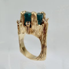 Vintage Modern Brutalist Chatham Emerald, Diamond & 14 Karat Gold Cocktail Ring