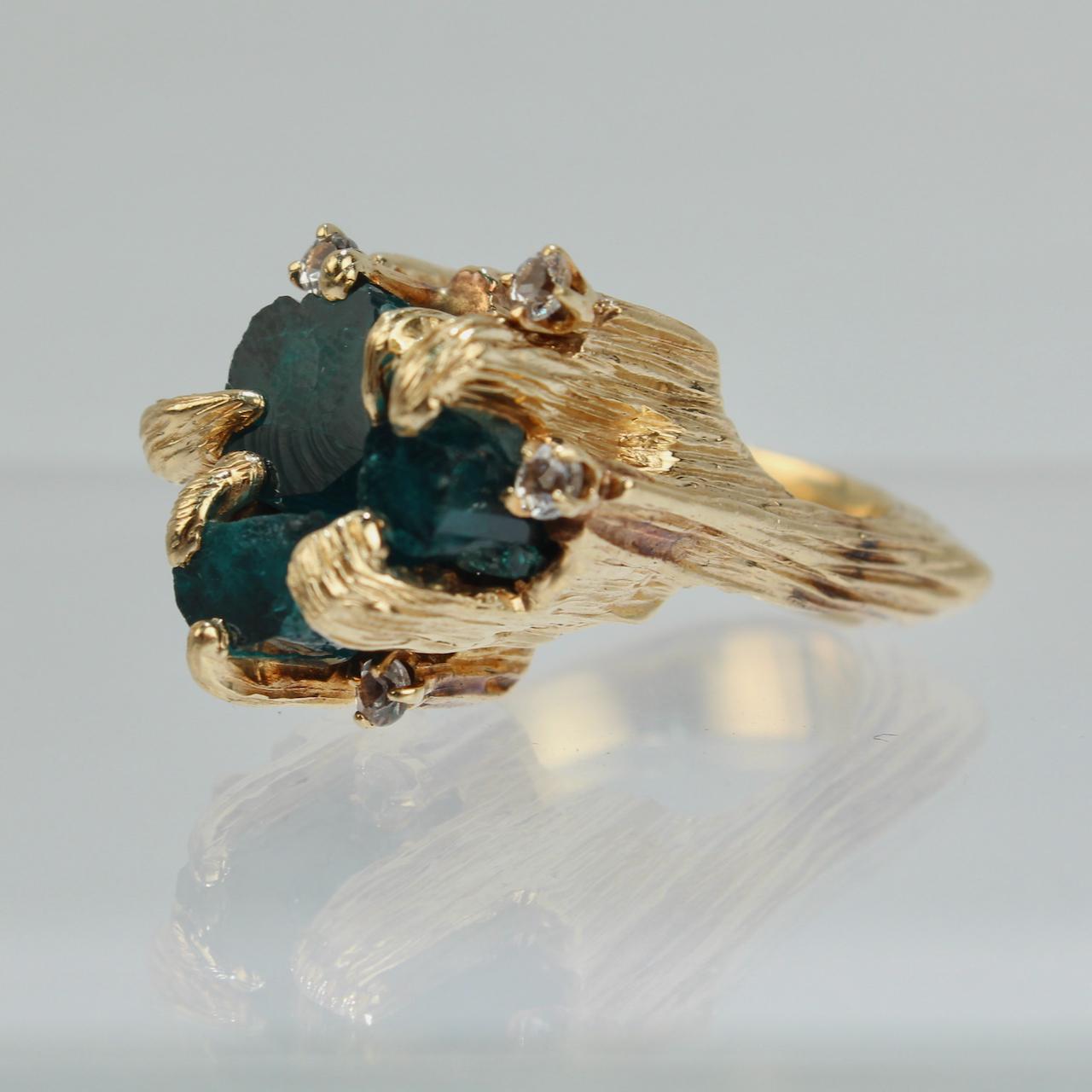 Modernist Vintage Modern Brutalist Chatham Emerald, Diamond & 14 Karat Gold Cocktail Ring