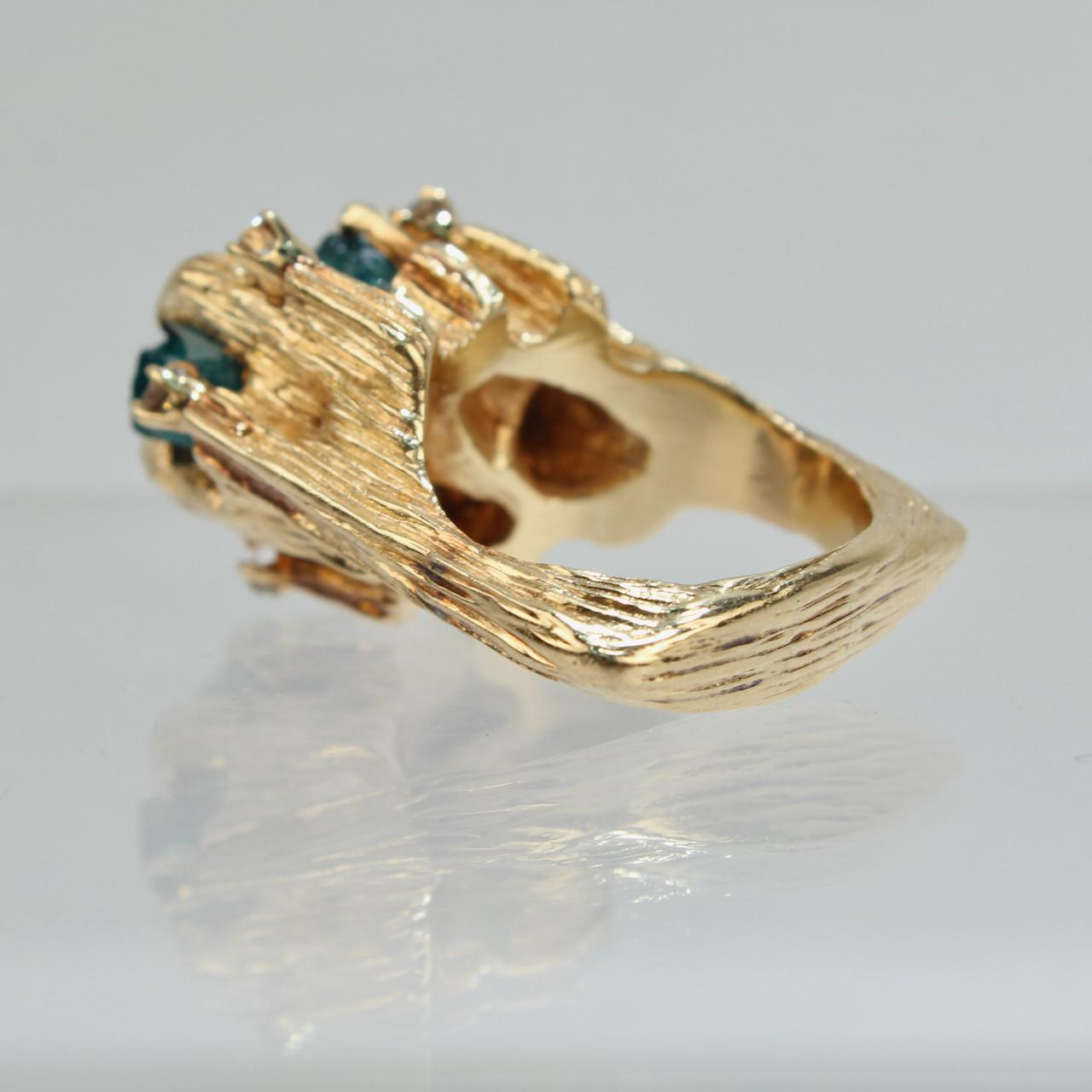 Uncut Vintage Modern Brutalist Chatham Emerald, Diamond & 14 Karat Gold Cocktail Ring