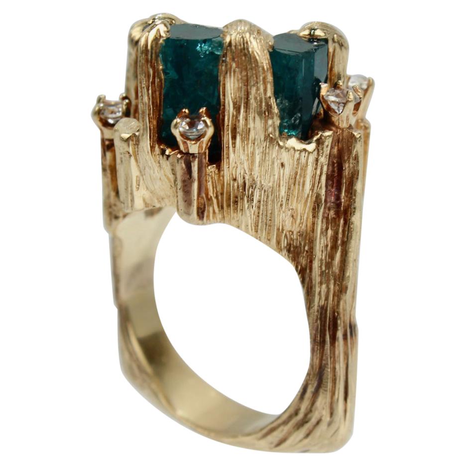 Vintage Modern Brutalist Chatham Emerald, Diamond & 14 Karat Gold Cocktail Ring