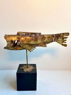 Vintage Modern Brutalist Fish Sculpture on Wood Pedestal, circa 1960