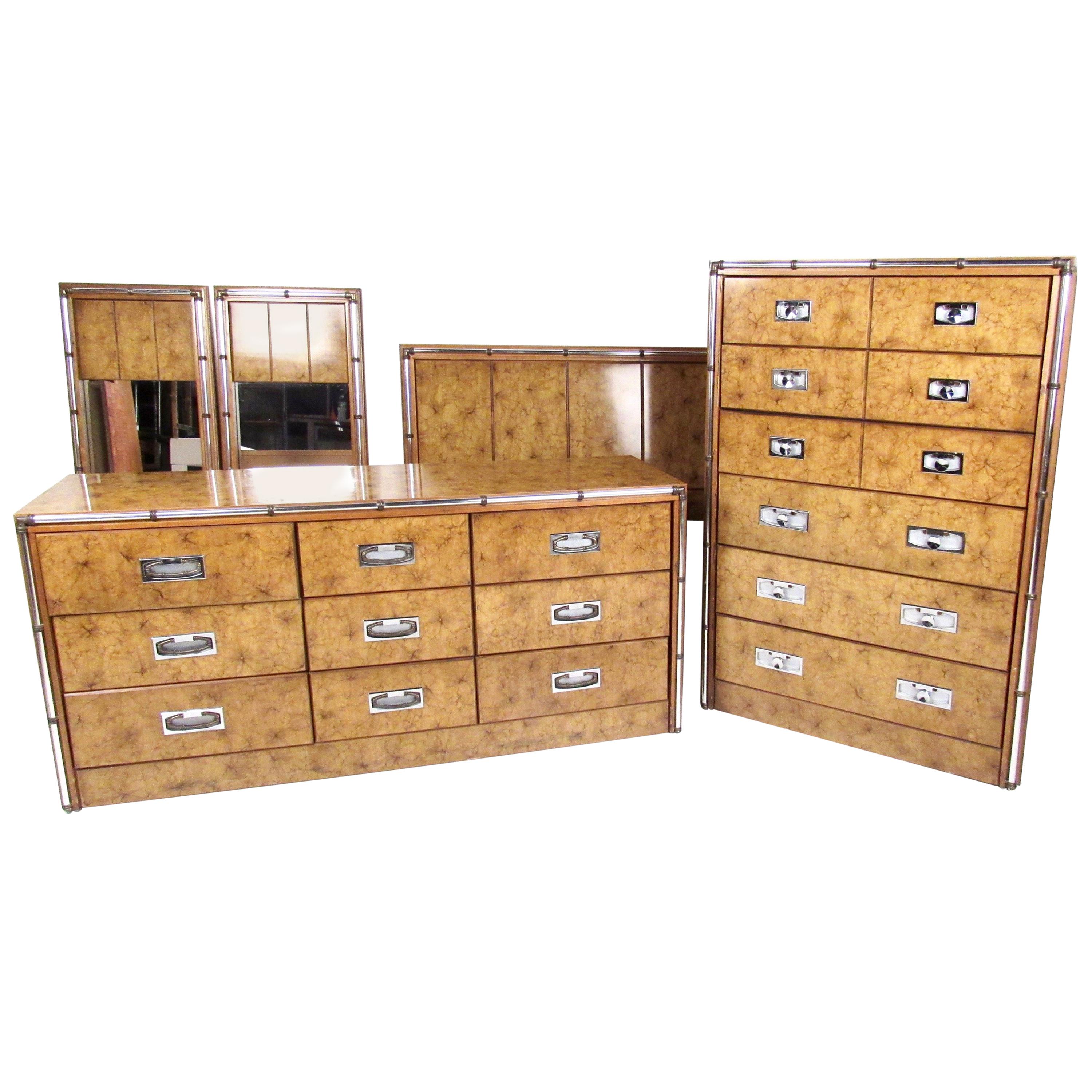 Vintage Modern Burl and Burlwood Bedroom Suite with Dressers and Queen Bed