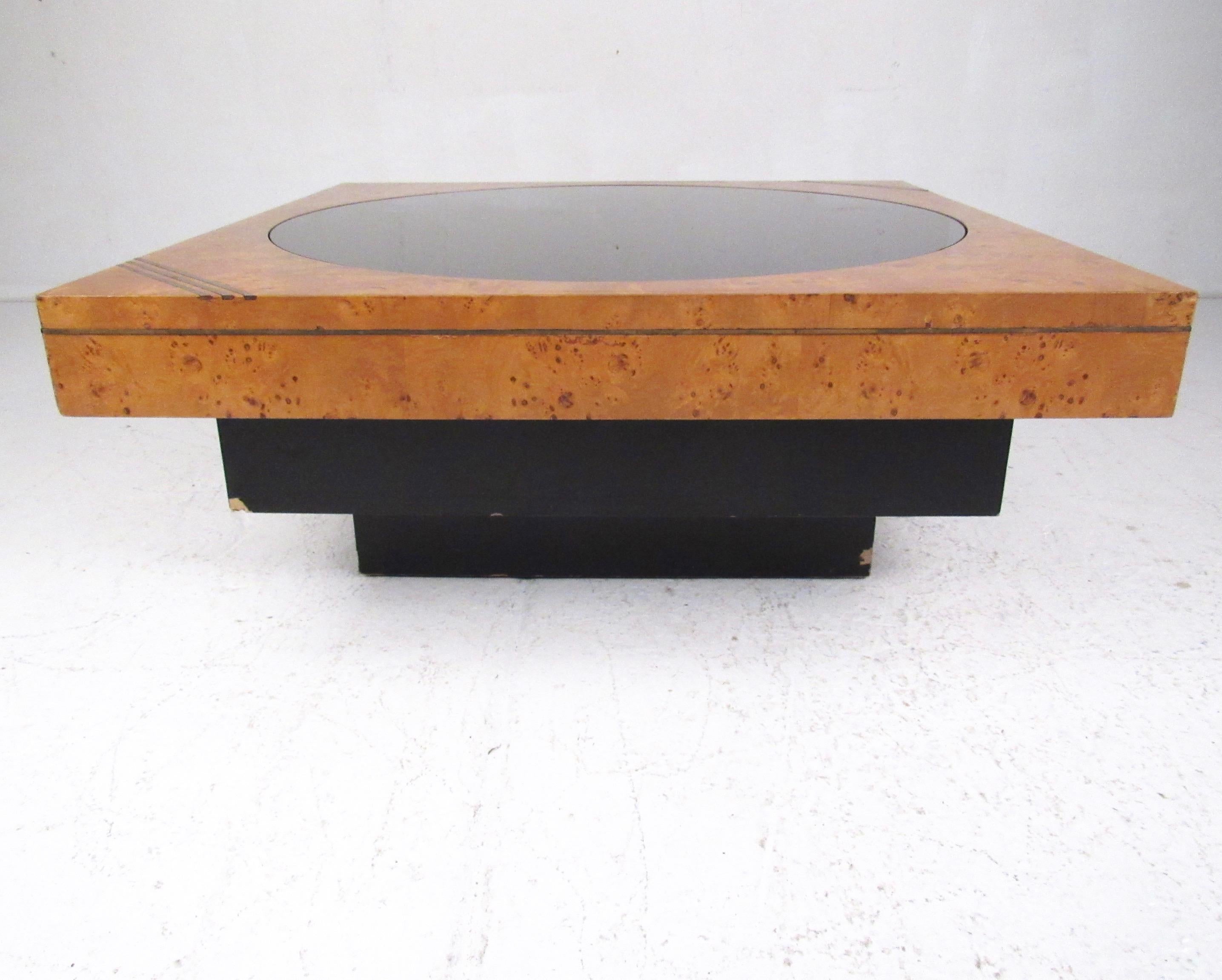 American Vintage Modern Burl, Brass, and Glass Coffee Table by Lane For Sale