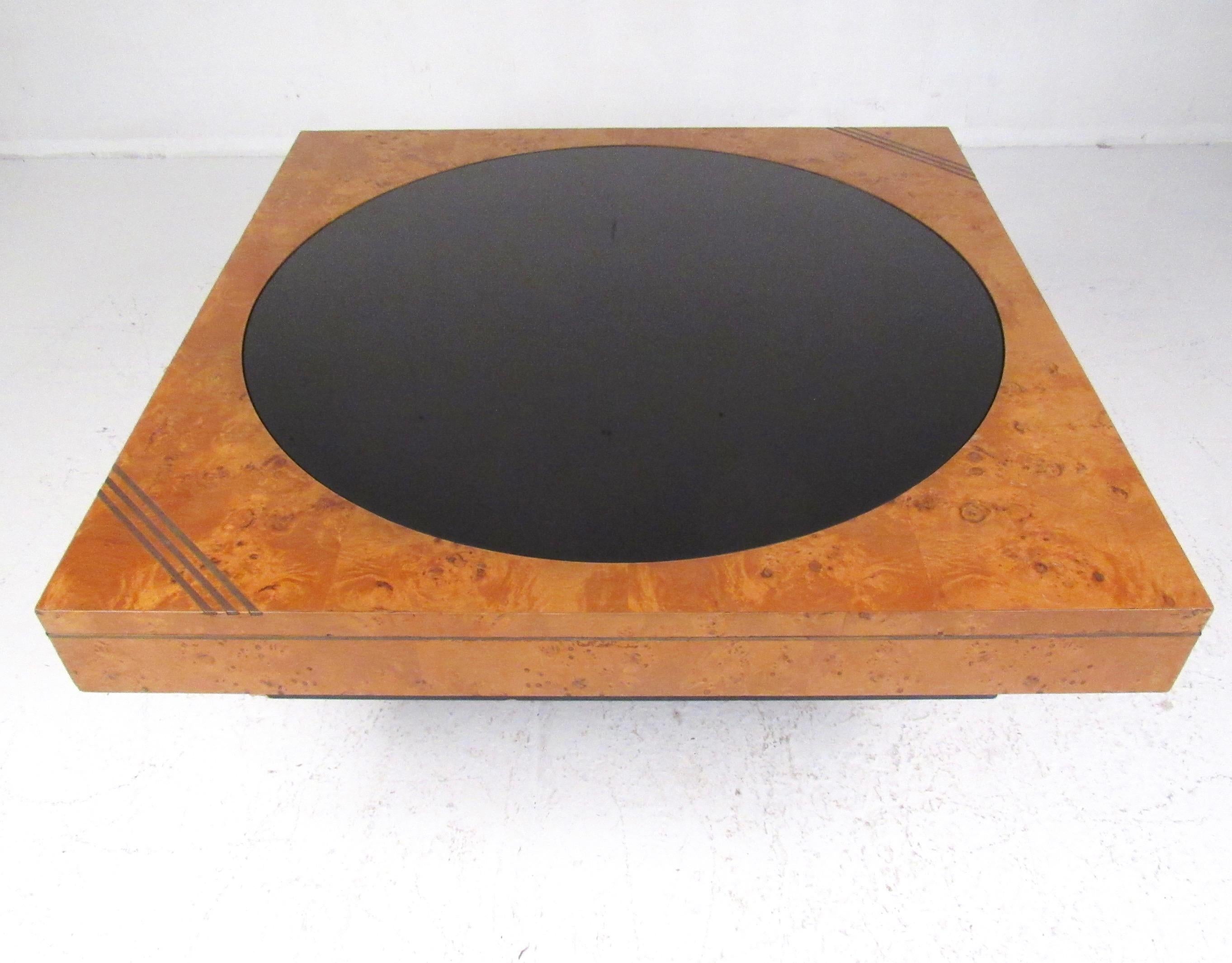 Late 20th Century Vintage Modern Burl, Brass, and Glass Coffee Table by Lane For Sale