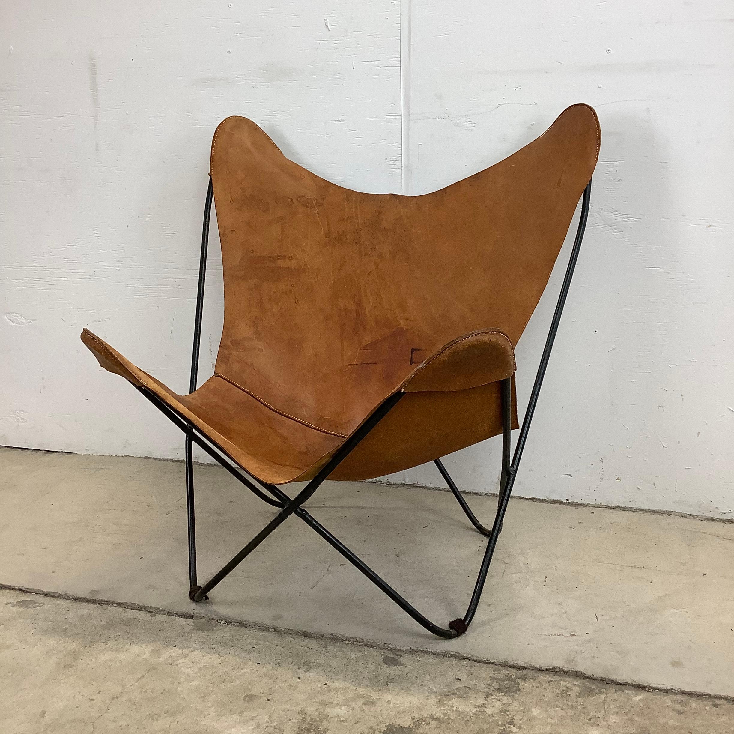 Mid-Century Modern Vintage Modern Butterfly Chair With Iron Frame And Leather Seat