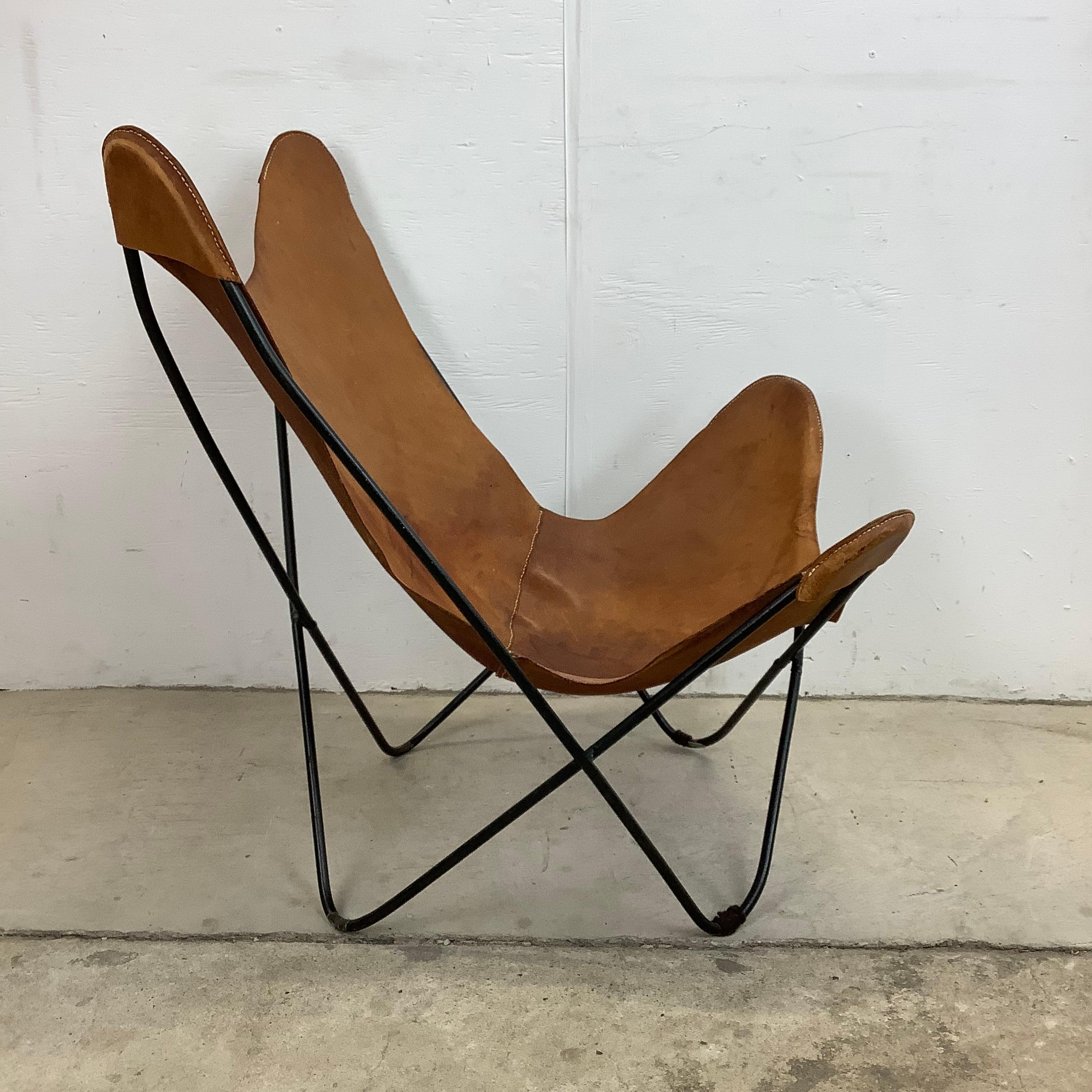 Unknown Vintage Modern Butterfly Chair With Iron Frame And Leather Seat