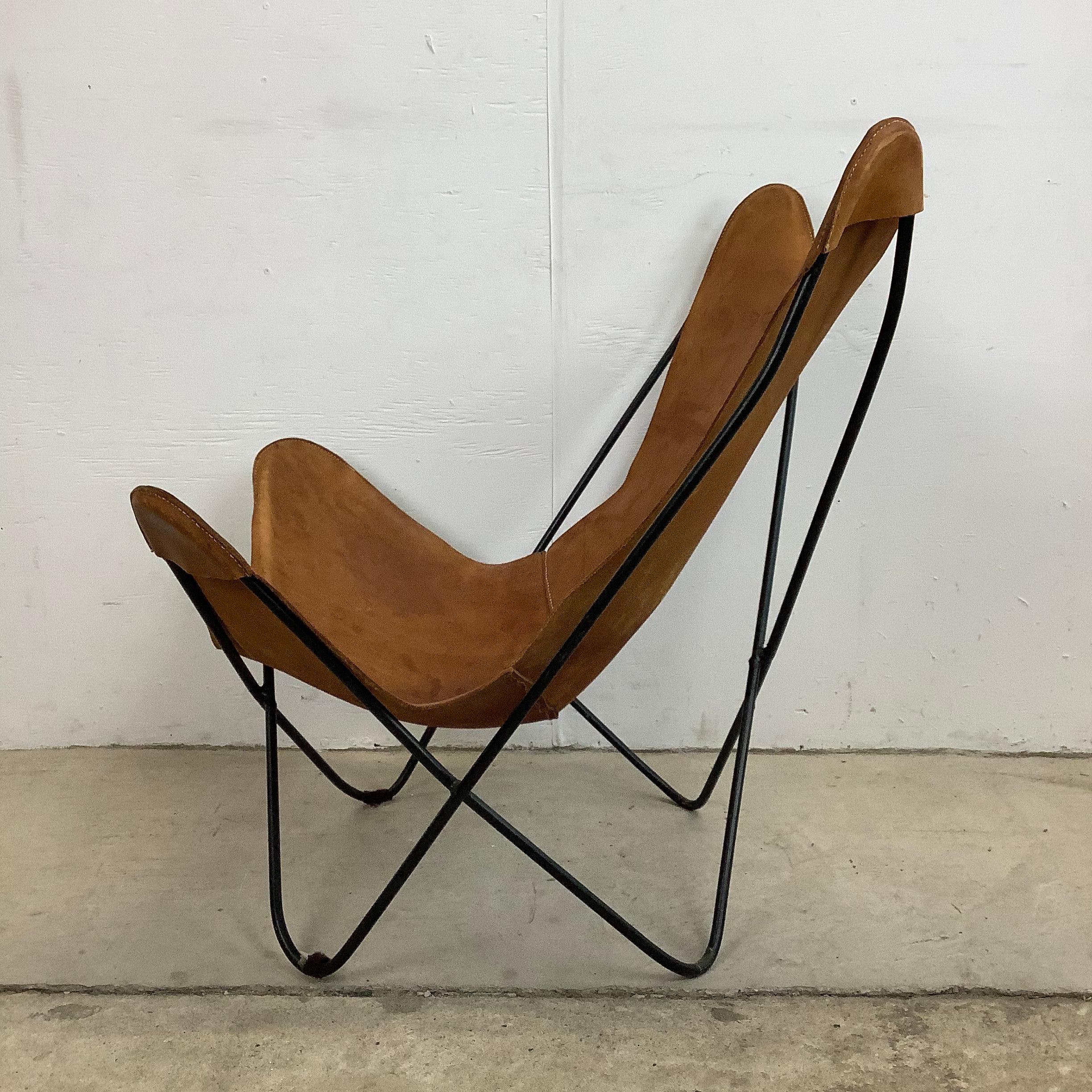 Patinated Vintage Modern Butterfly Chair With Iron Frame And Leather Seat