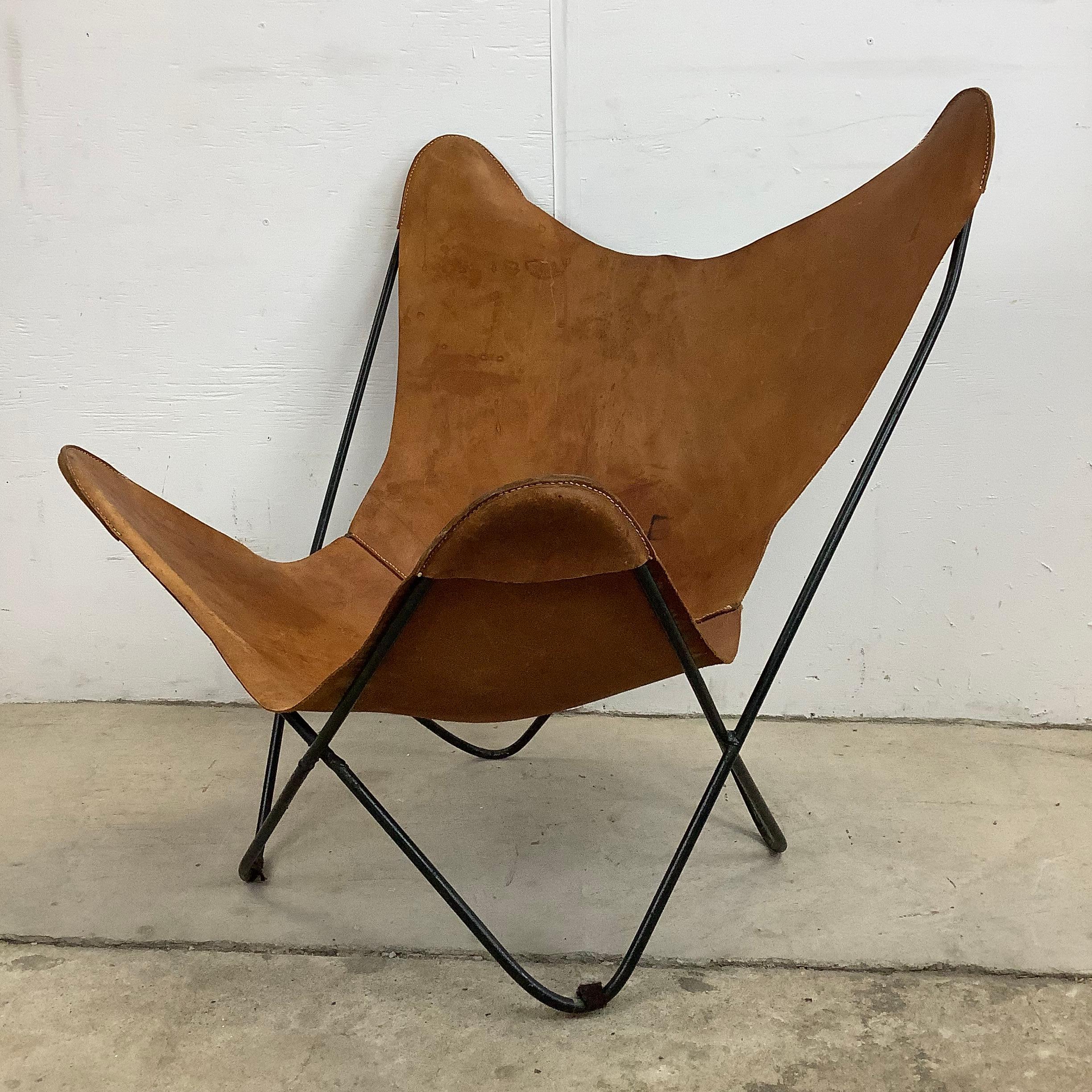 Mid-20th Century Vintage Modern Butterfly Chair With Iron Frame And Leather Seat