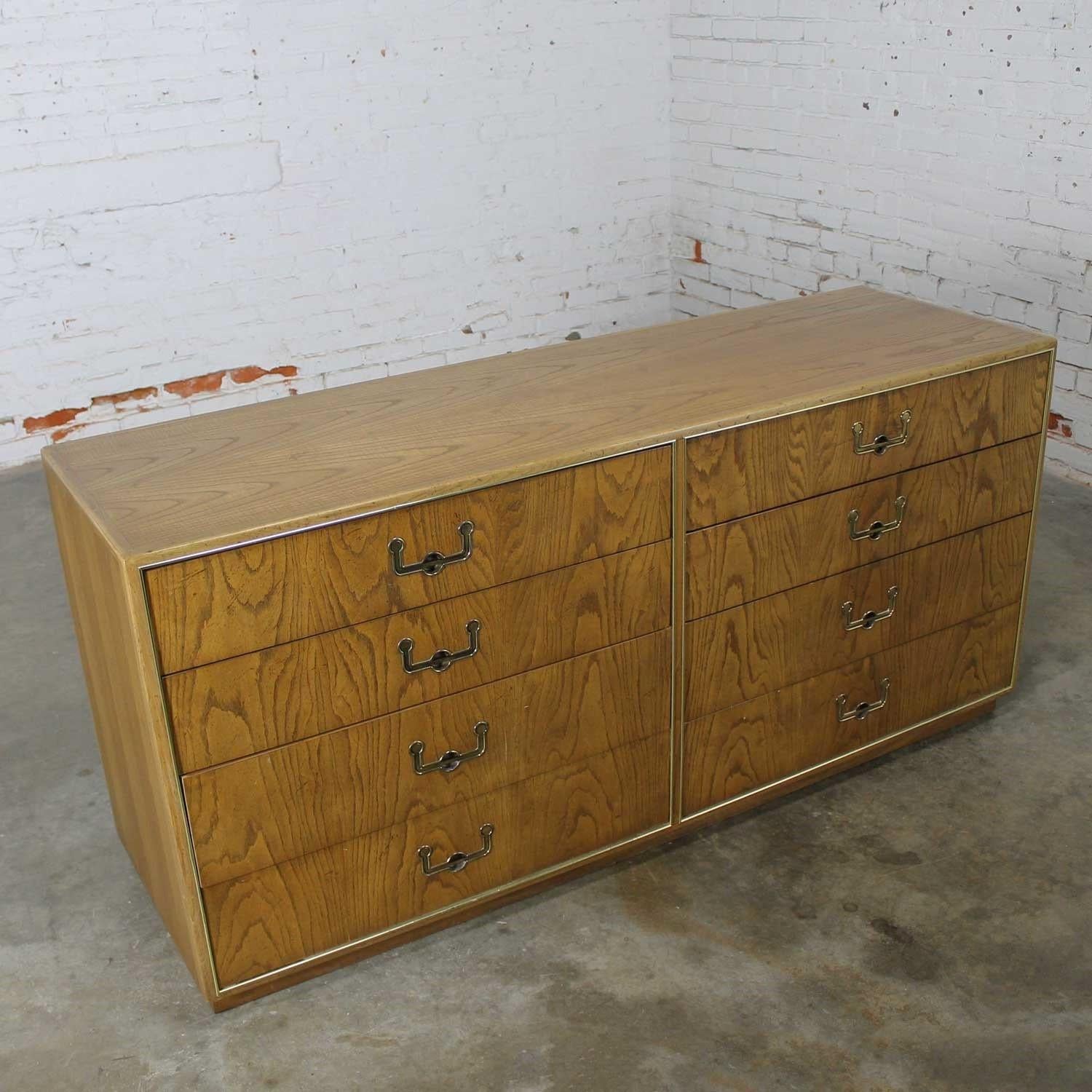 Vintage Modern Campaign Style Eight Drawer Oak Dresser by Founders