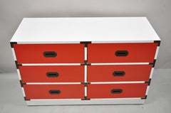 Vintage Modern Campaign Style Red White Formica Hollywood Regency Dresser Chest