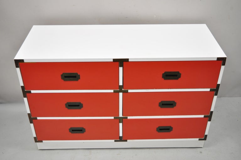 Vintage Modern Campaign Style Red White Formica Hollywood Regency Dresser Chest