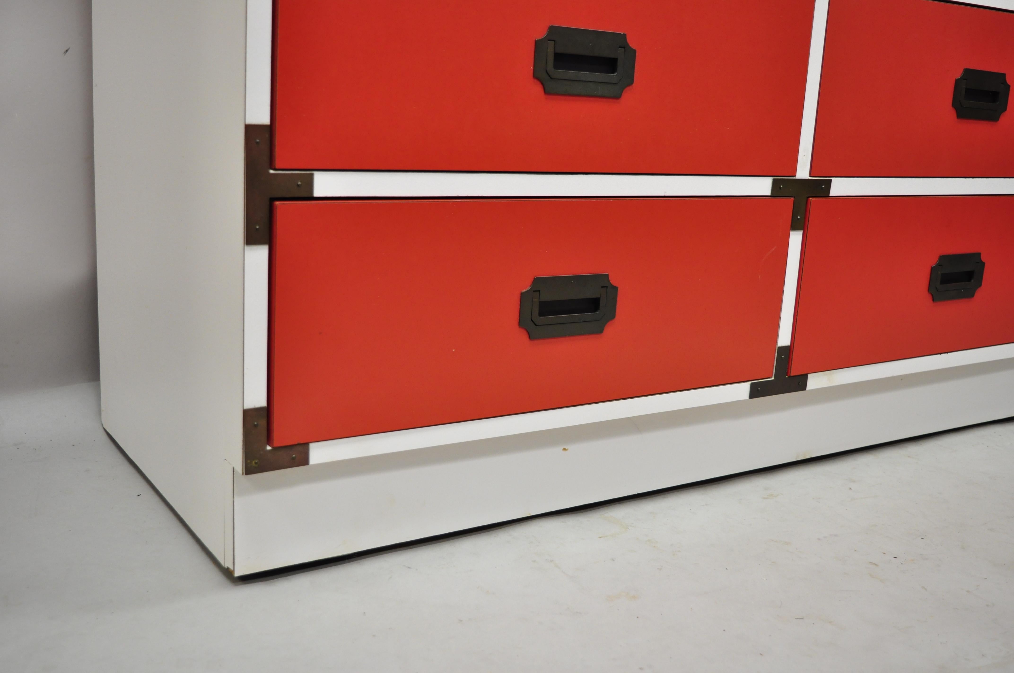 Late 20th Century Vintage Modern Campaign Style Red White Formica Hollywood Regency Dresser Chest