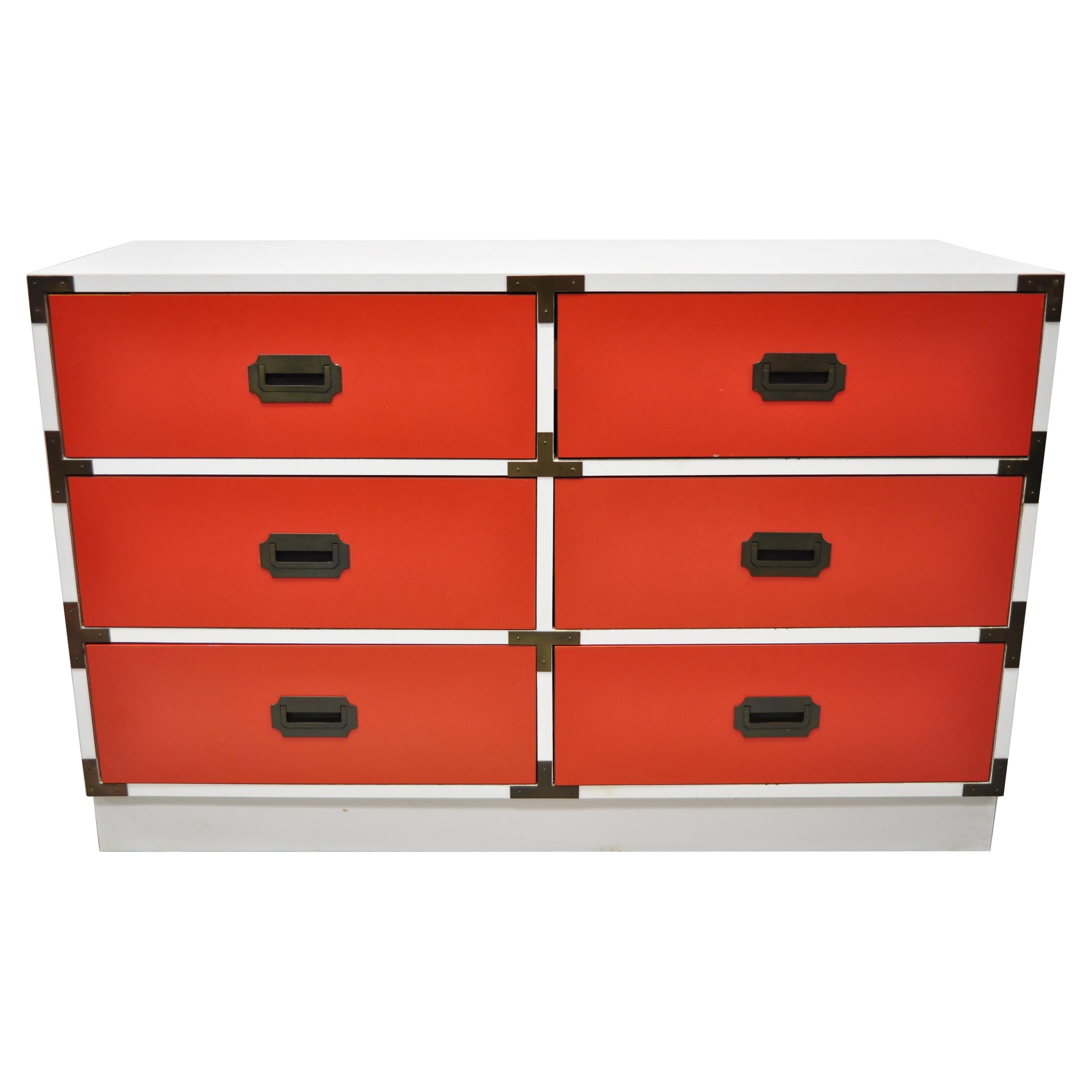Vintage Modern Campaign Style Red White Formica Hollywood Regency Dresser Chest