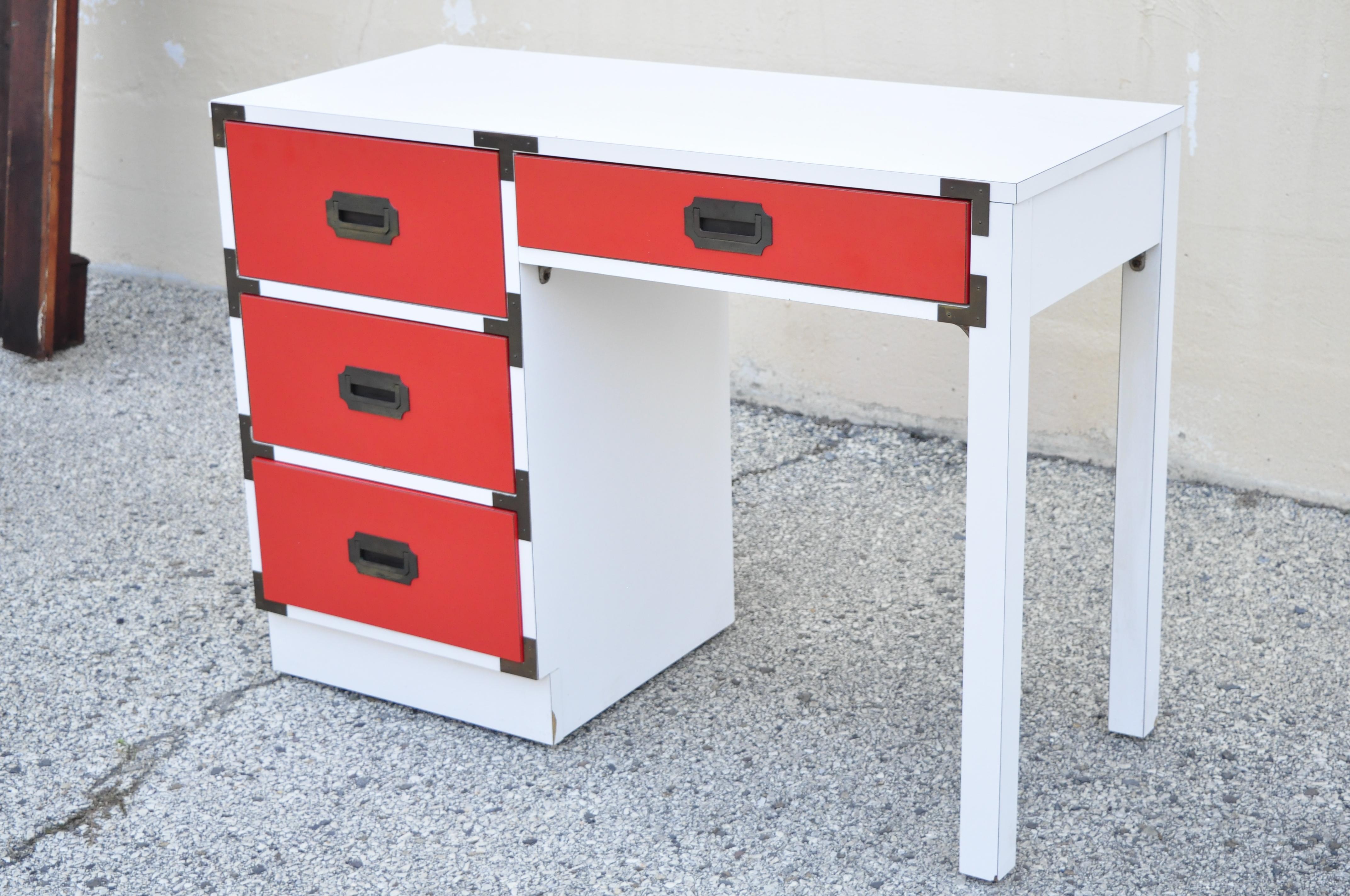 Vintage Modern Campaign Style Red White Formica Hollywood Regency Writing Desk 2