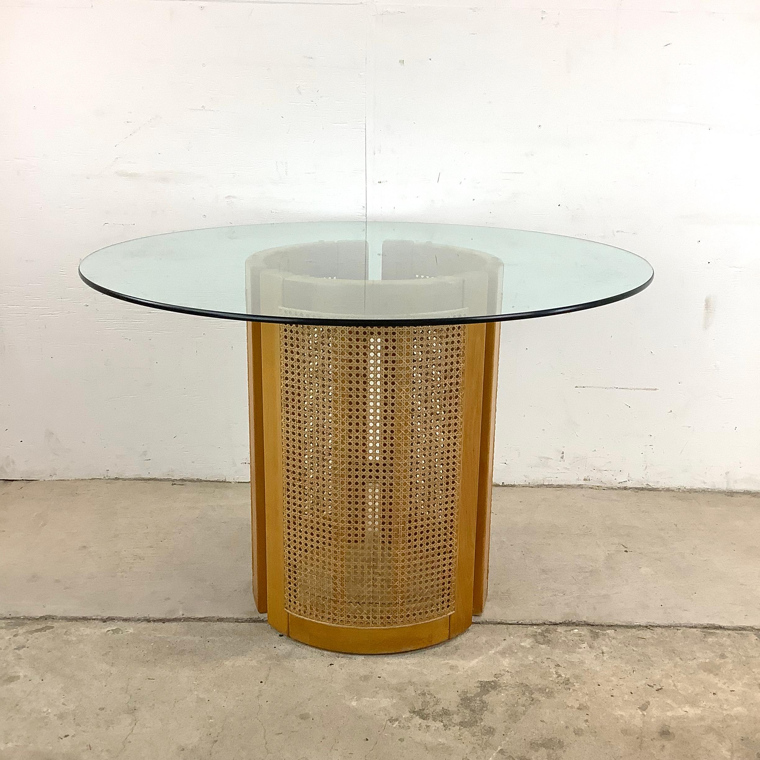Unknown Vintage Modern Cane & Glass Pedestal Dining Table