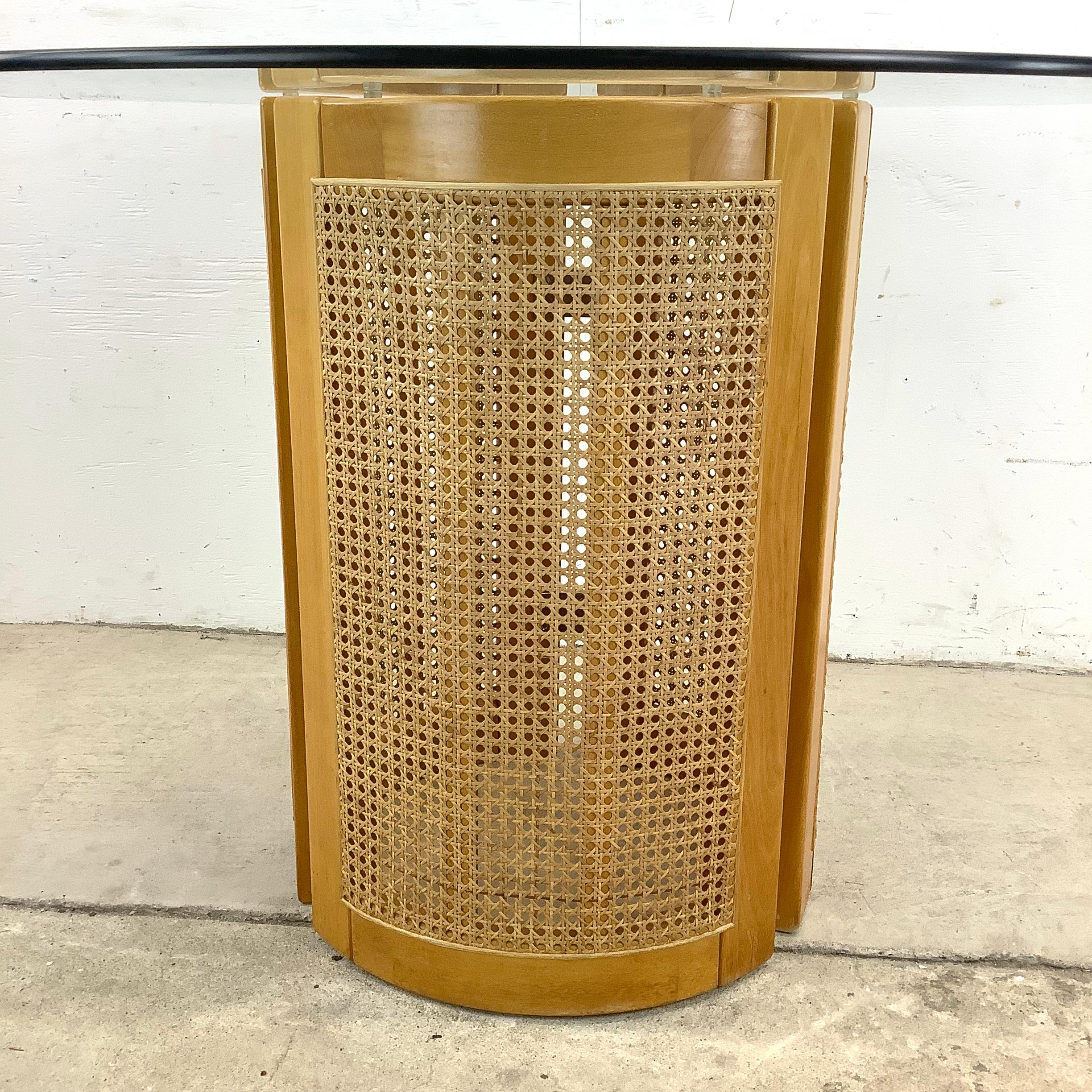 Vintage Modern Cane & Glass Pedestal Dining Table In Good Condition In Trenton, NJ