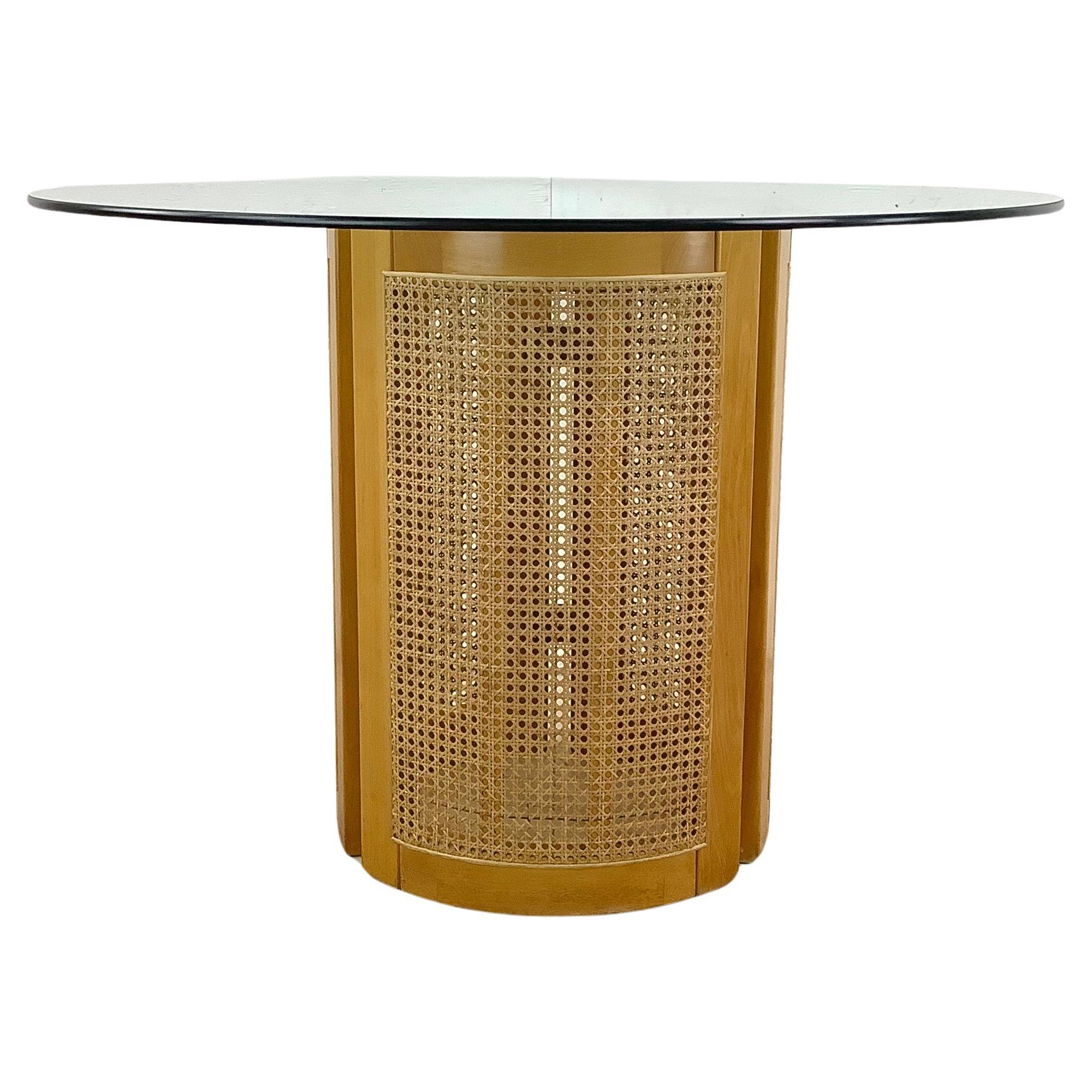Vintage Modern Cane & Glass Pedestal Dining Table