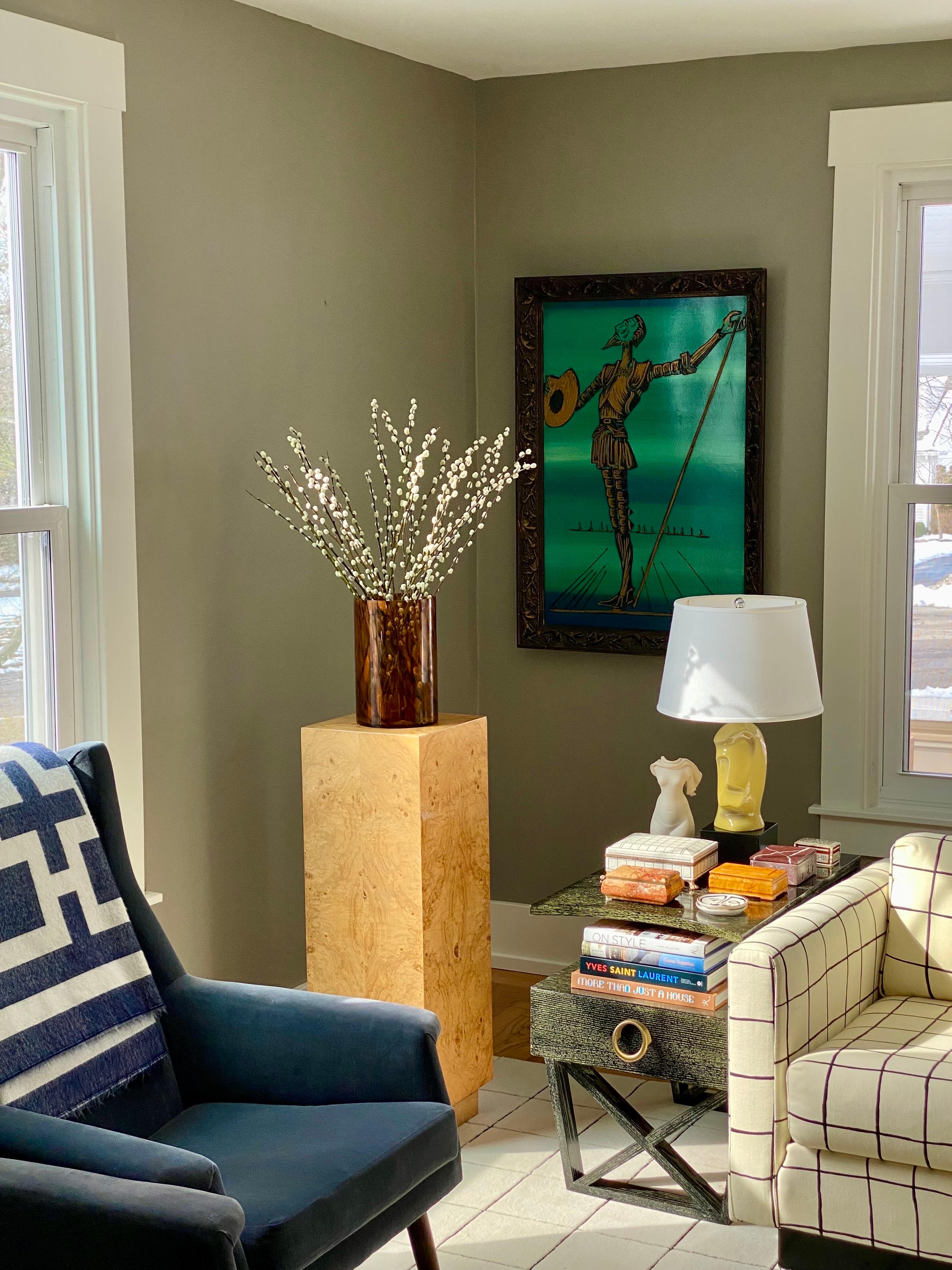 We are very pleased to offer a pair of vintage nightstands in a deep green cerused finish by Dune Modern, circa the 1990s.   This set features a straightforward profile paired with well-considered details in form and texture.  One of the standout