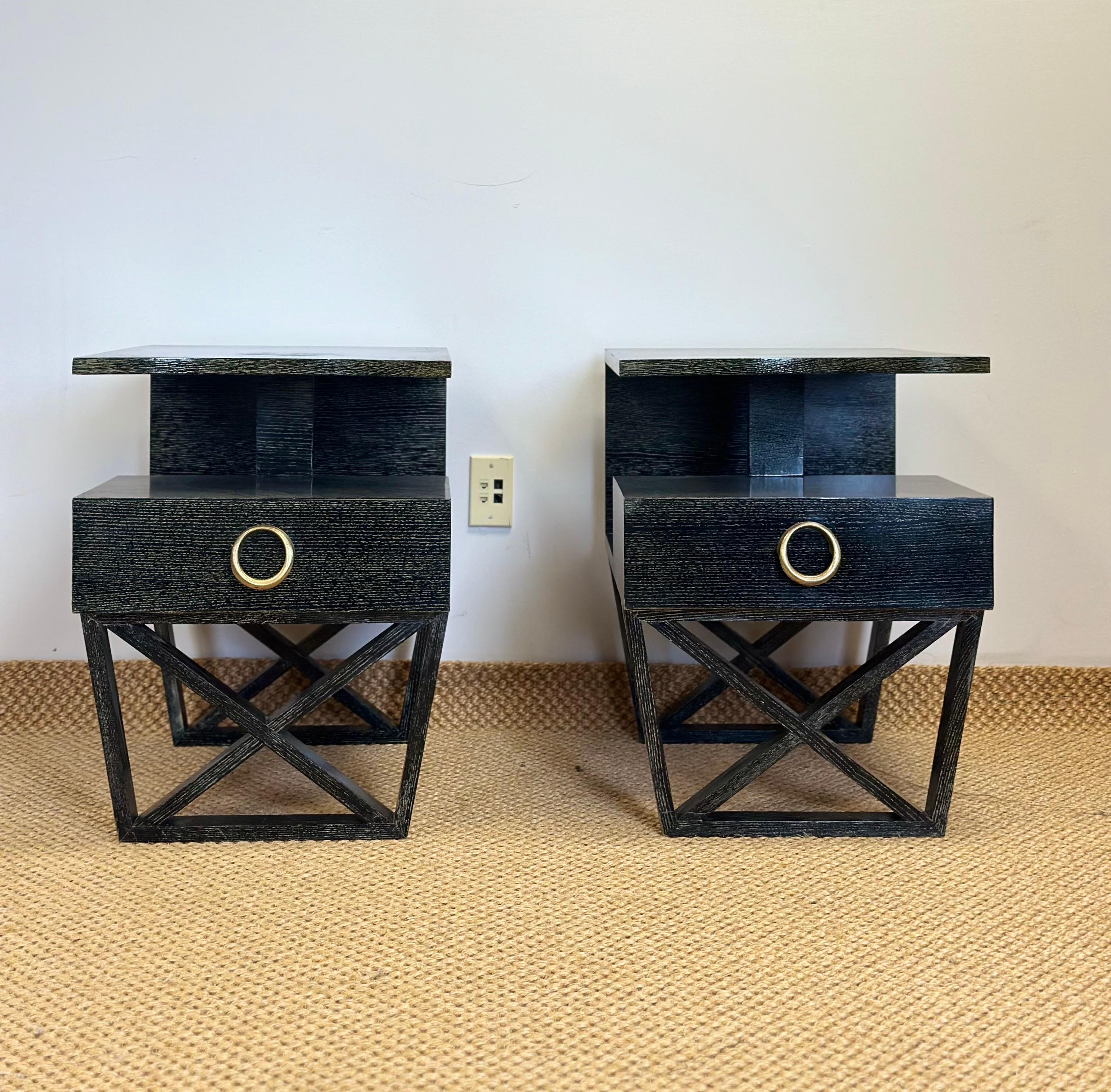 Mid-Century Modern Vintage Modern Cantilever Dark Green Cerused Nightstands or Side Tables – a Pair For Sale