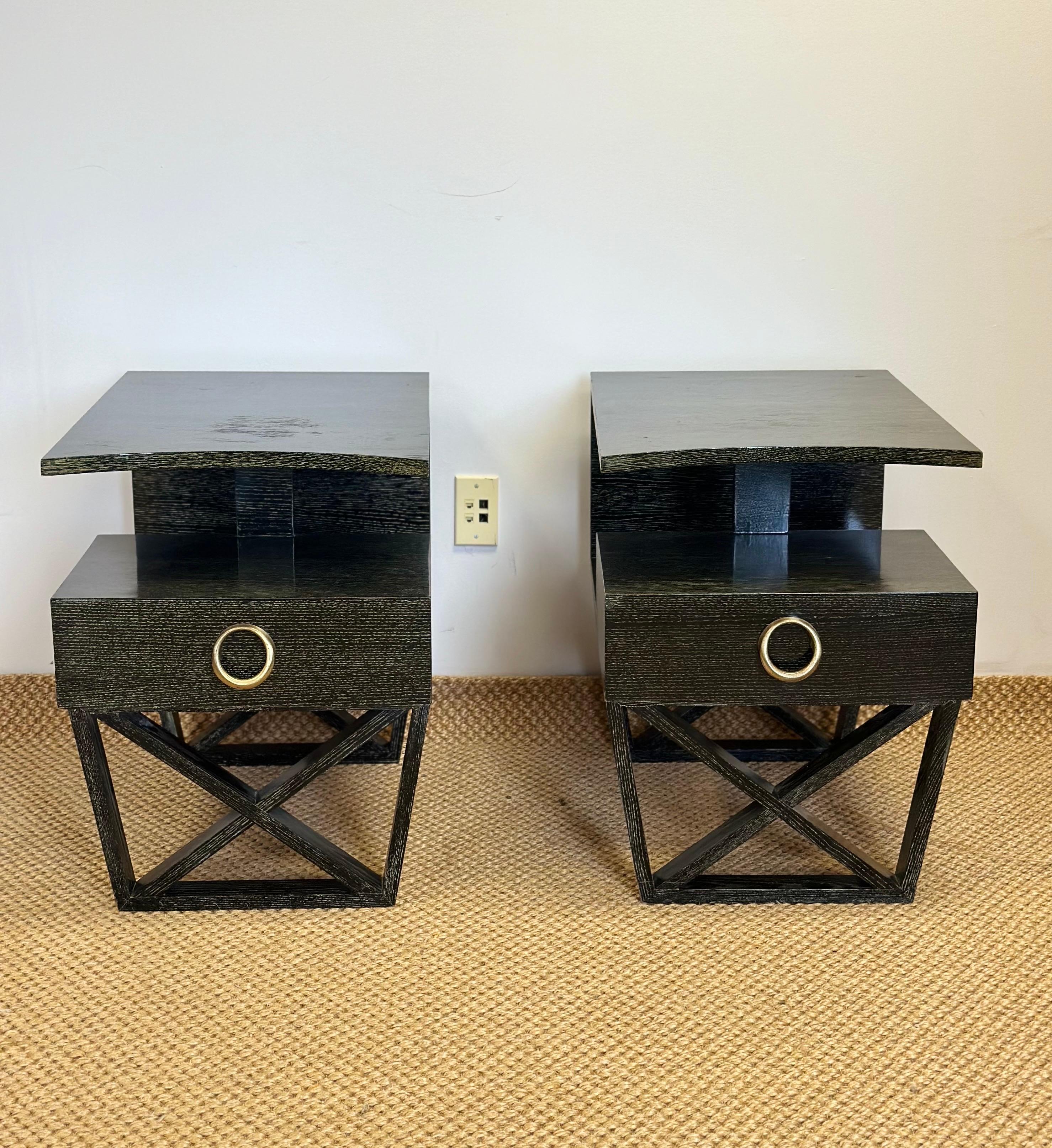 American Vintage Modern Cantilever Dark Green Cerused Nightstands or Side Tables – a Pair For Sale