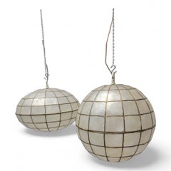 Vintage Modern Capiz Shell & Brass Hanging Pendant Lights - Set of 2