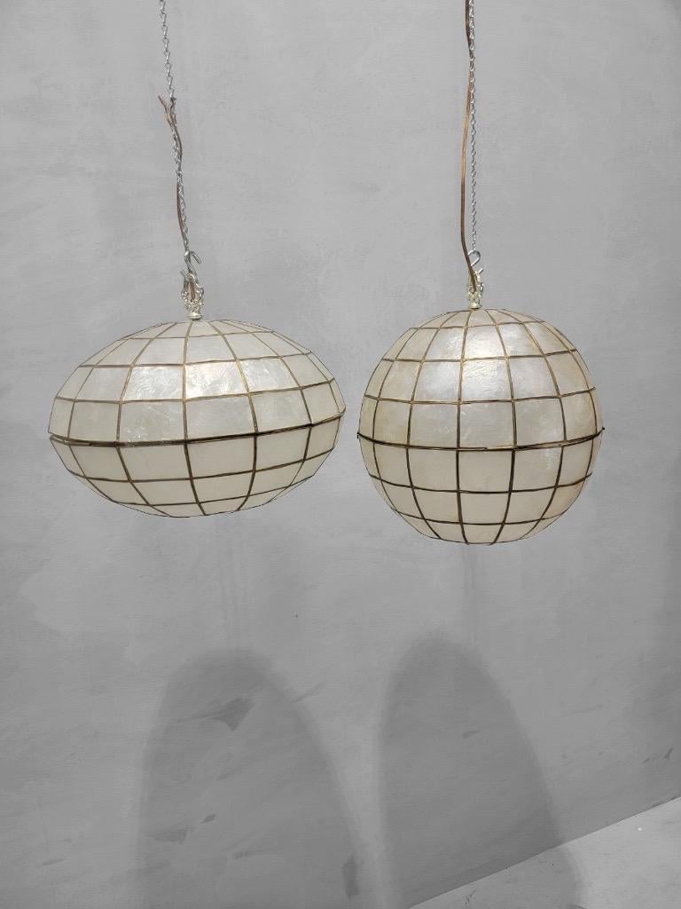 Bohemian Vintage Modern Capiz Shell & Brass Hanging Pendant Lights - Set of 2 For Sale