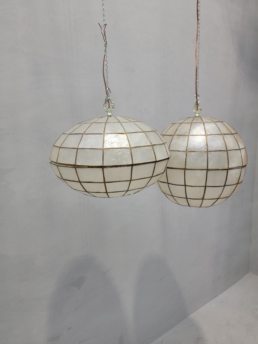 Unknown Vintage Modern Capiz Shell & Brass Hanging Pendant Lights - Set of 2 For Sale