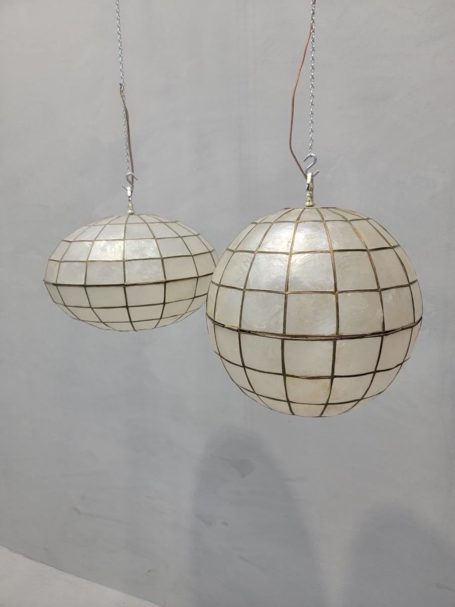 20th Century Vintage Modern Capiz Shell & Brass Hanging Pendant Lights - Set of 2 For Sale
