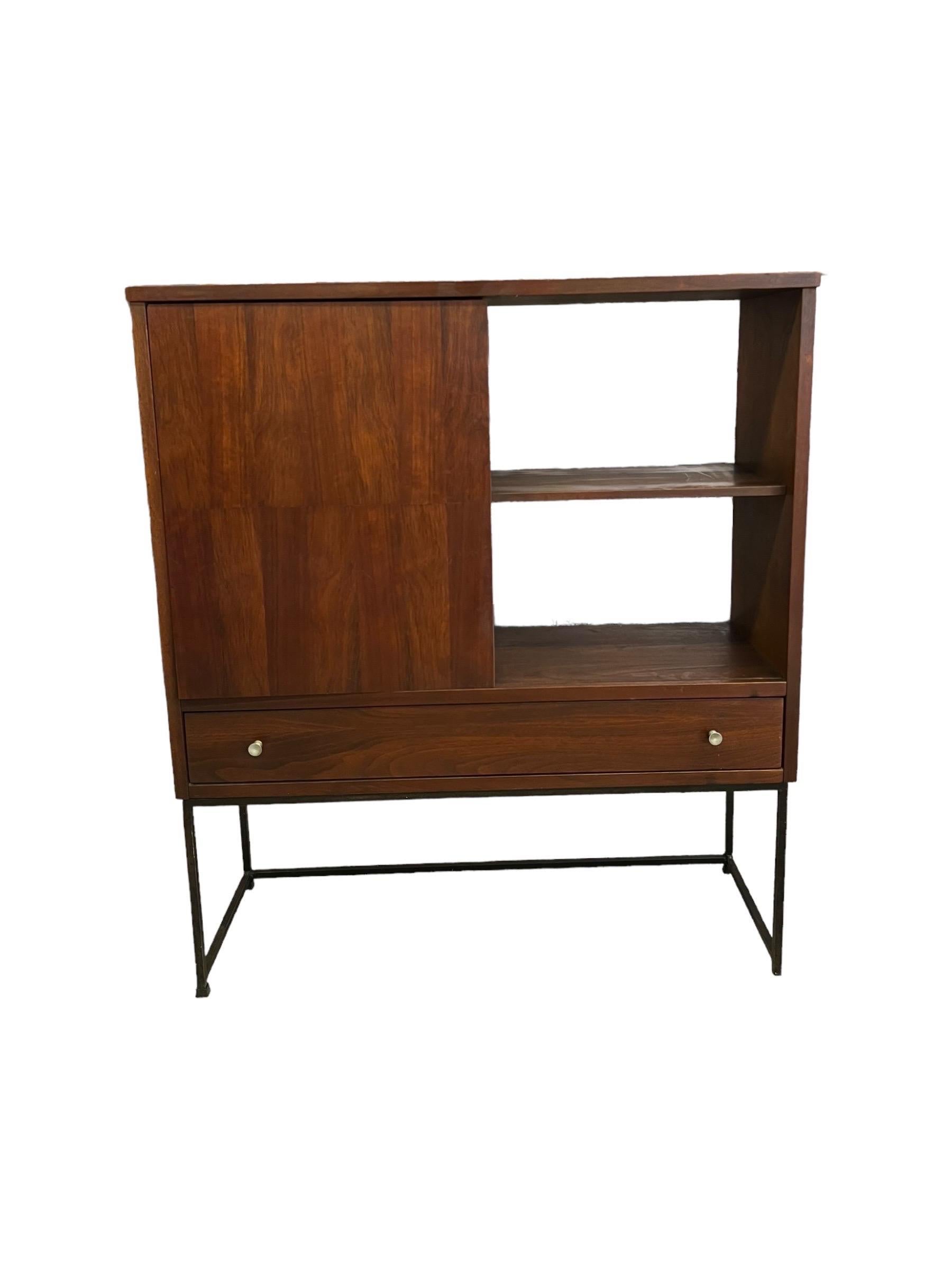 Late 20th Century Vintage Mid Century Modern Bookshelf With Sliding Door and Dovetailed Drawers For Sale