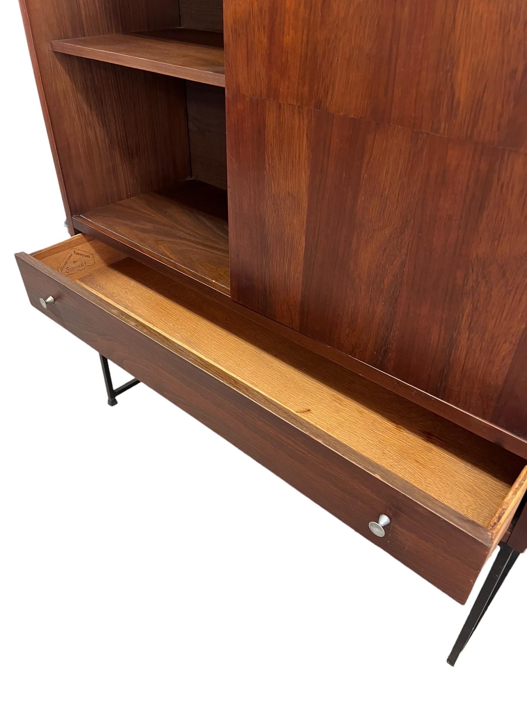 Walnut Vintage Mid Century Modern Bookshelf With Sliding Door and Dovetailed Drawers For Sale