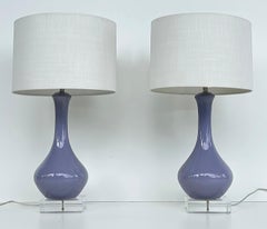 Vintage Modern Ceramic Table Lamps on Square Lucite Bases, Pair