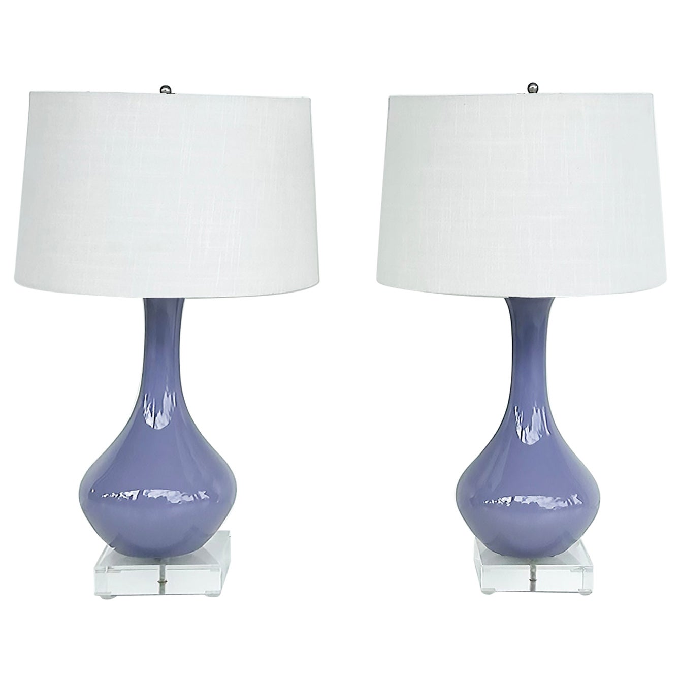 Vintage Modern Ceramic Table Lamps on Square Lucite Bases, Pair