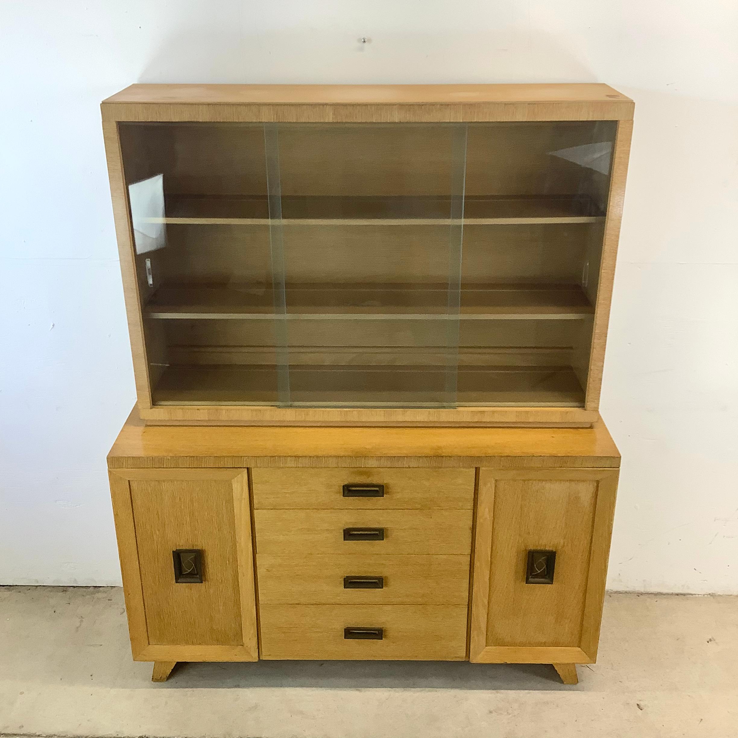 Unknown Vintage Modern China Cabinet In Blonde Oak For Sale