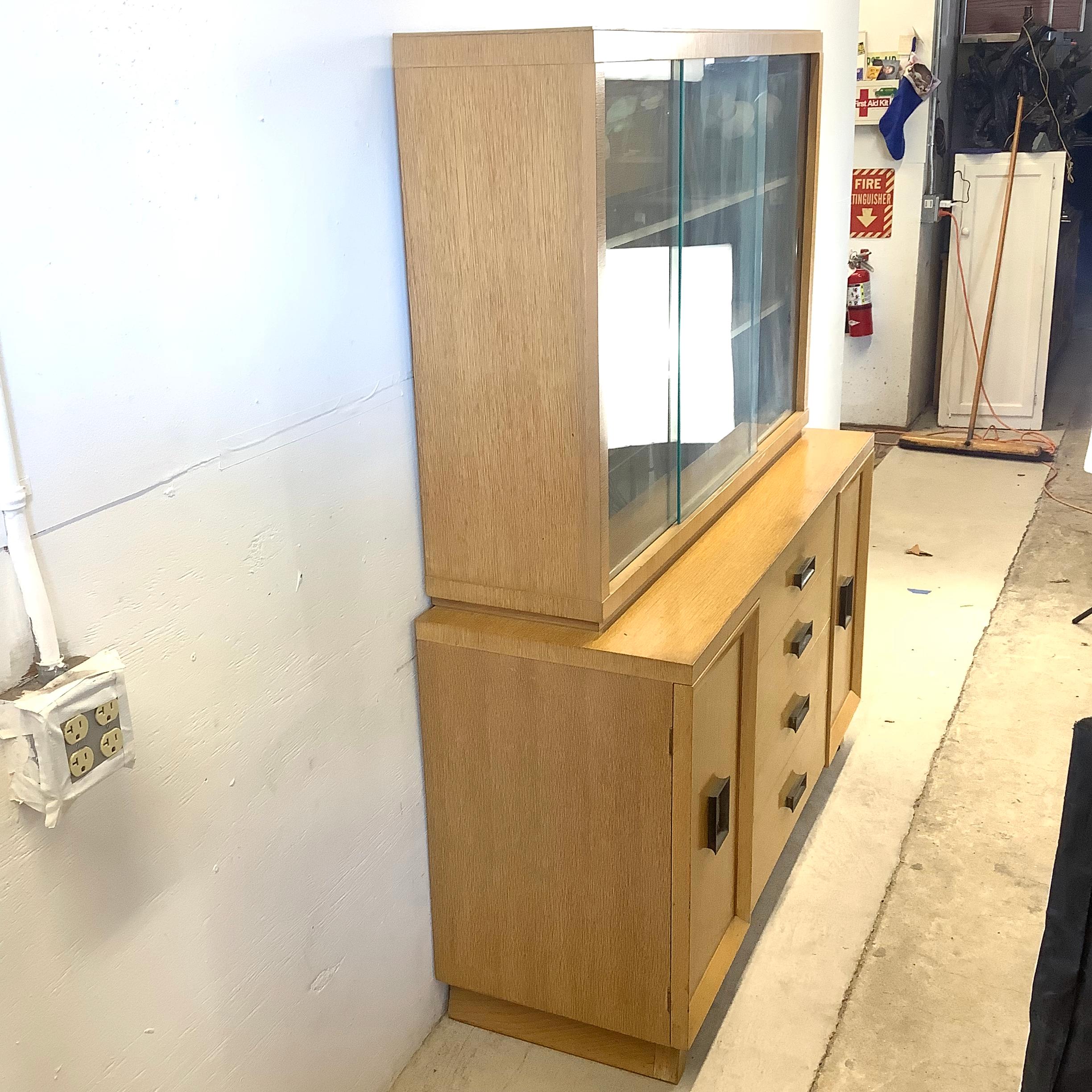 Vintage Modern China Cabinet In Blonde Oak In Fair Condition For Sale In Trenton, NJ