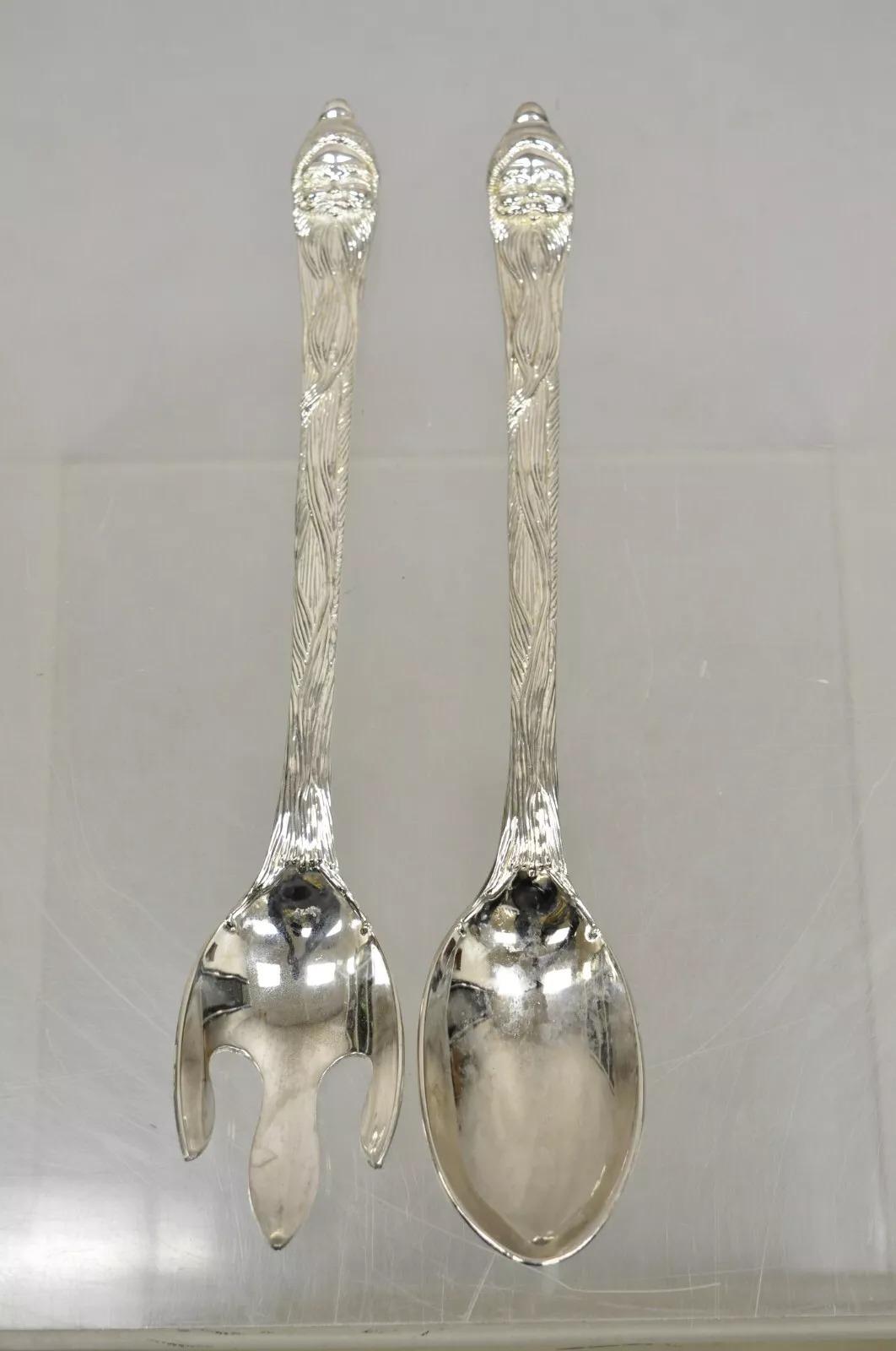 Vintage Modern Christmas Santa Claus Silver Plated Ensalada Servir Tenedor y Cuchara en venta 3
